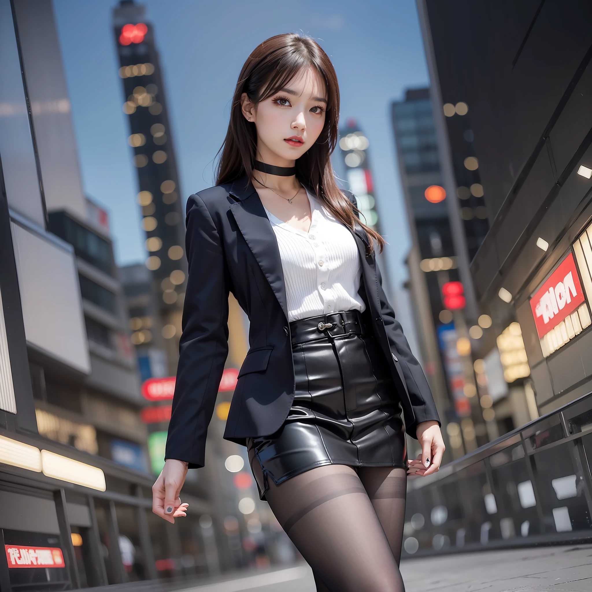 (8k, RAW photo, top quality, masterpiece: 1.2), (realistic, photorealistic: 1.37), 1 girl, Japan, woman in her 30s, cityscape, night, professional lighting, photon mapping, radiocity, ripped, big, wearing black formal blazer, gal, very many lashes, eyeshadow on eyelids, bright red lip, black heels, pitch black choker