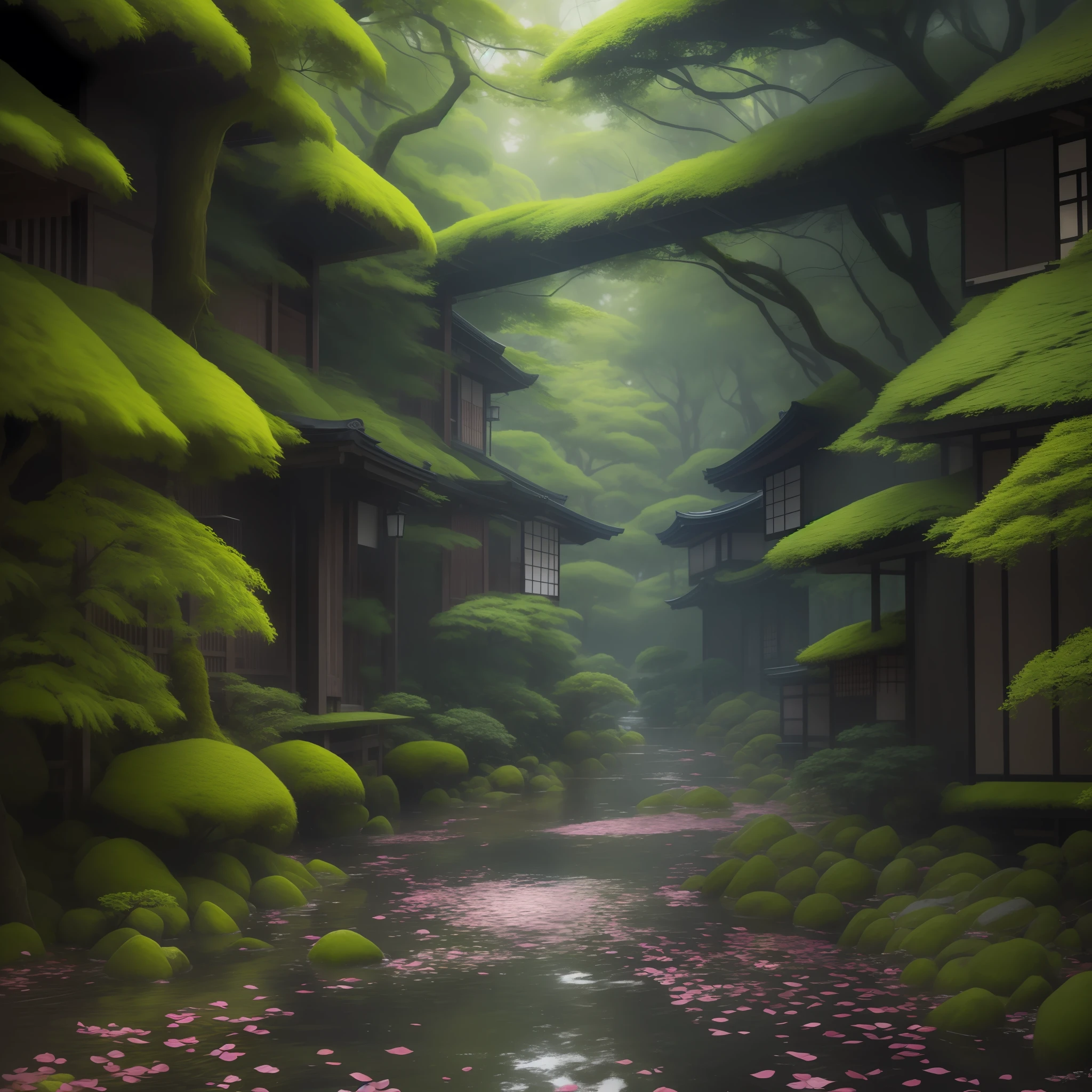 Human perspective, human eye level, Kyoto in Japan, Kyoto city integrated with forests, decadent and devastated, Kyoto city flooded and covered with forest trees, Japan-like wooden architecture surrounded by moss and trees, exquisite and beautiful photos, 8k, 16k, 32k, award-winning photography where the sense of anxiety is obvious, bokeh, depth of field, HDR, bloom, chromatic aberration, photorealistic, highly detailed, Trend in art station, trend in CGsociety, complex, high detail, dramatic,