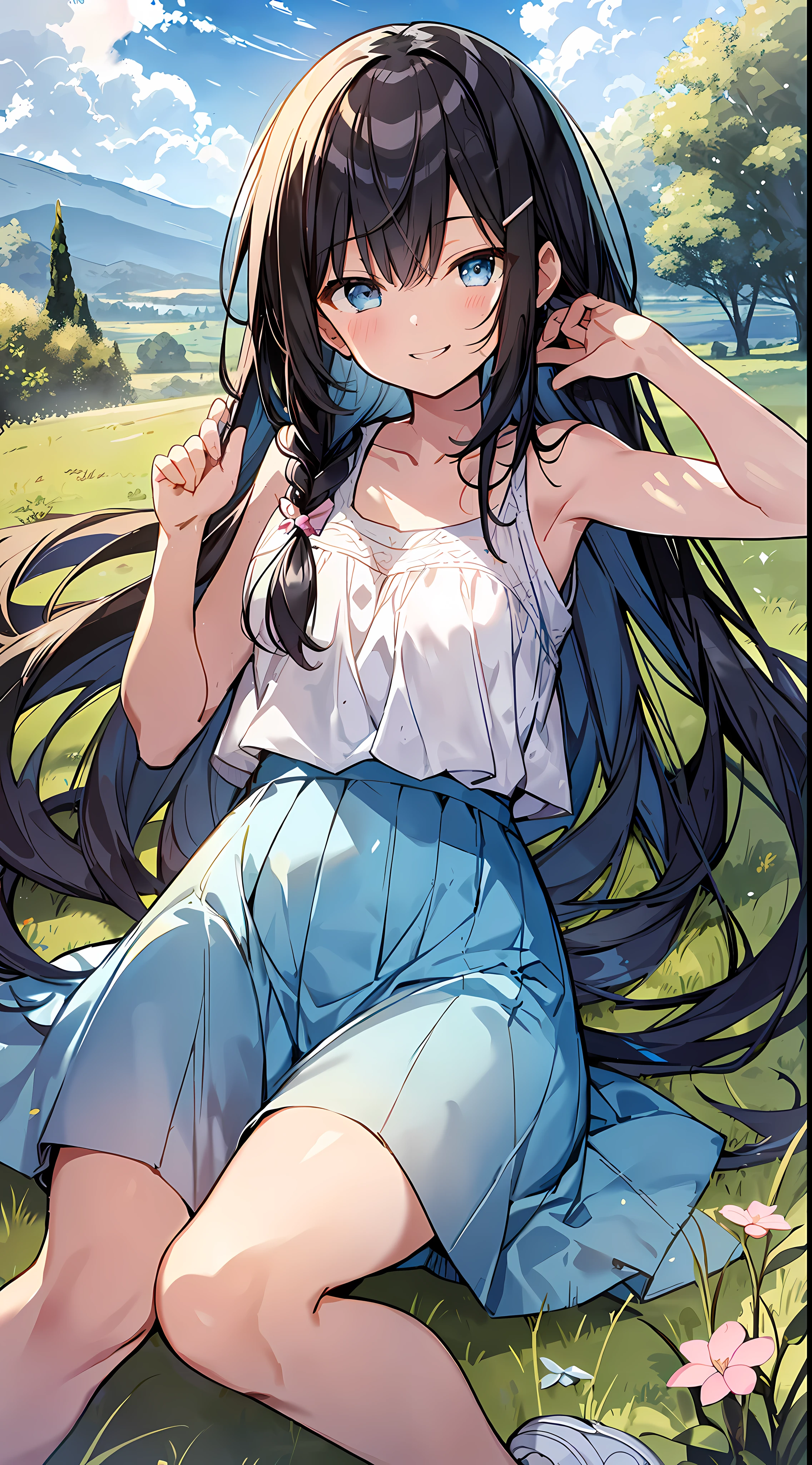 Top quality, masterpiece, ultra high definition, 8k, summer sky, early summer, (light blue maxi skirt, flesh-colored thin knit, sneakers), shojo manga style , one, soft line drawing, digital enhancement, shojo manga touch, shojo manga core, flowing fabric, close-up, (hair length to shoulders and short braids)), wet hair, staring at us from the front, soft drawing, Beautiful black hair, clear eyes, ((teasing smile)), ultra-detailed digital anime art, clear face depiction, ultra-detailed shojo manga character art, ultra-detailed manga style, top quality colors, hand gestures, landscape with nature, looking up at the sky, angle that can see up to your feet