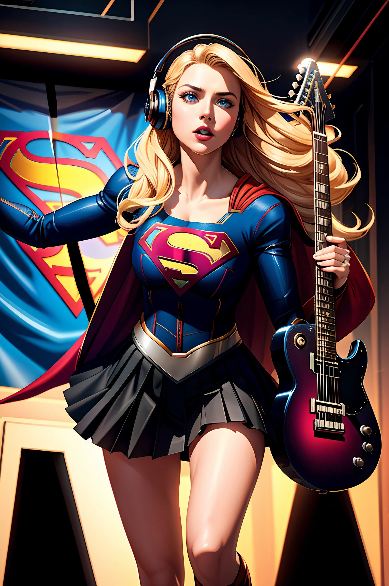 ((Supergirl)), ((cinematic light)), colorful, hyper detail, dramatic light, intricate details, best quality, (CG unit 8k extremely detailed wallpaper, masterpiece, best quality, ultra-detailed, best shadow), (detailed background: 1.4), (beautiful detailed face, beautiful eyesdetailed), High contrast, (best lighting, an extremely delicate and beautiful), (girl: 1.5), solo, gothic skirt, blue eyes, electric guitar, guitar, headphones, Instrument, long blonde hair, music, side up, playing guitar, pleated skirt, black shirt, interior ((caustic)), dynamic angle, beautiful detailed shine, full body, neon light, pyrotechnics