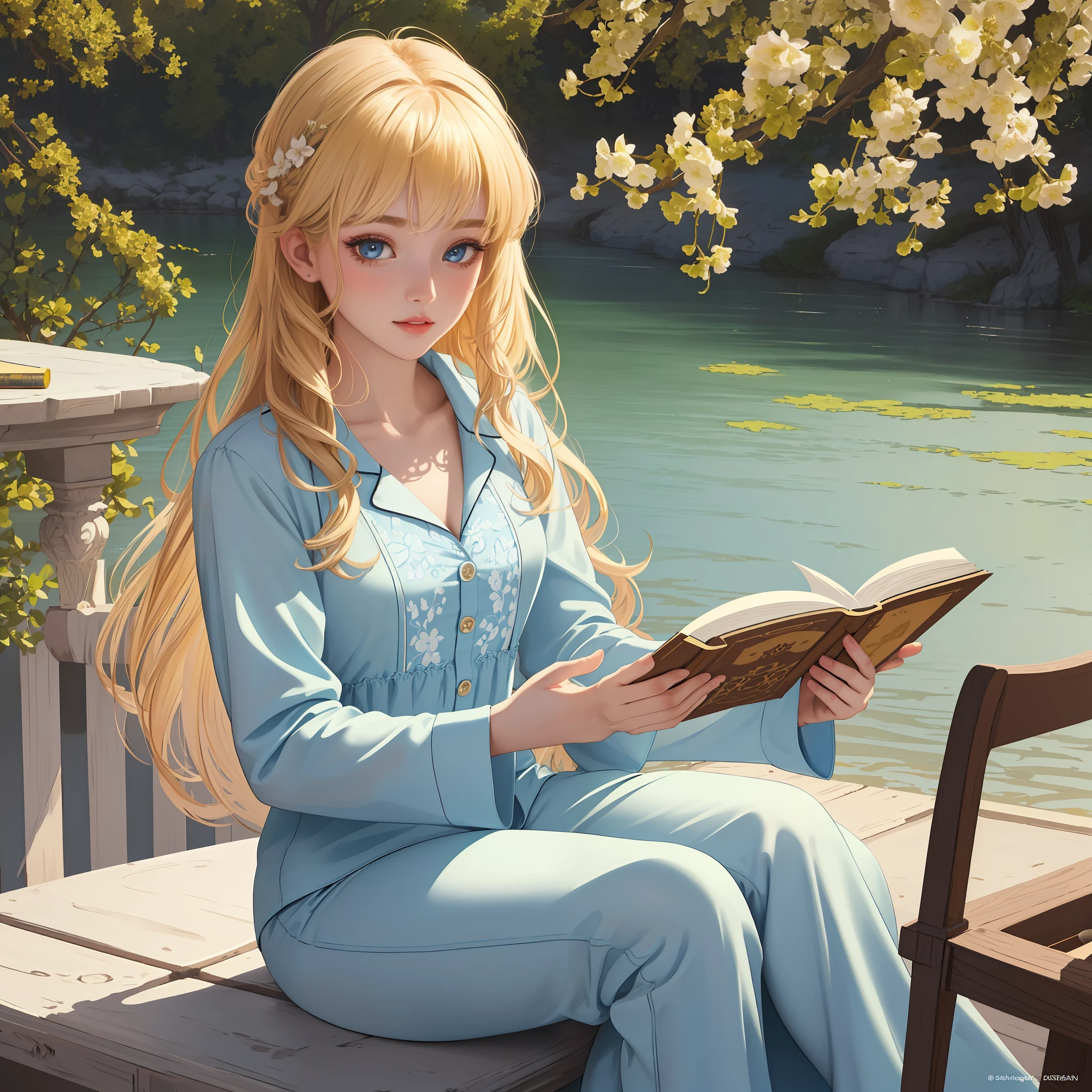 Masterpiece, Best Quality, (Very Detailed CG Unified 8k Wallpaper, Masterpiece, Best Quality, Ultra Detailed, Best Shadows), (Detailed Background), (Beautiful Detailed Face, Beautiful Detailed Eyes), High Contrast, (Best Lighting, Very Delicate Beautiful), (Girl:1.5), ((Blonde Woman Pajamas Painting Volegov Carl Lerasson)), ((Mean, Sexy, Glamorous, Seductive)), Holding a Book, Reading a Book, Dynamic Angle, Beautiful Detailed Glow, Full Body, Denim shooting masterpiece, superlative, spring dress, colored hair, outdoors, magazine cover, upper body,