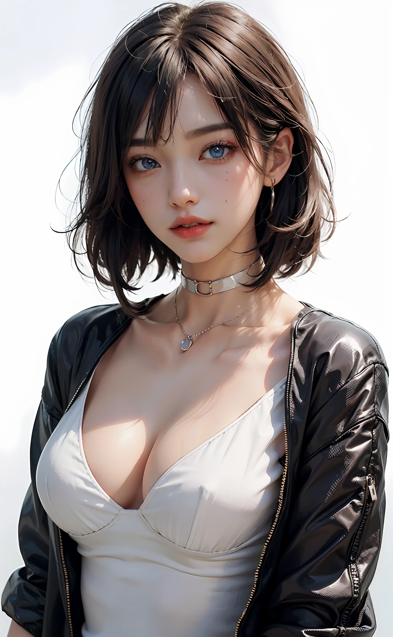 Top Quality, Ultra High Definition, (Photorealistic: 1.4), (Detailed Beautiful Girl: 1.4), (Medium: 0.8), looking_at_viewer, Detailed Facial Details, Beautiful Detailed Eyes, Blue Eyes, Slender, Unforgettable Smile, (Makeup: 0.3), Red Lips, Highly Detailed Clothes, (ulzzang-6500-v1.1: 0.3), Best Quality, White Skin, Real Human Skin, ( Detailed), Oval Face, Pore, Ultra High Resolution, (8k, RAW Photos, Photorealistic: 1.4), One Woman, Slim, (Gentle and Goddess-like Eyes) Happiness: 1.2), (Lip Gloss, Eyelashes, Clear Double, Transparent Eyes, Gloss Face, Top Quality, Ultra High Definition, Wide Lighting, Natural Shading), Random Outfit, Oversized jacket, fashion shirt, white background, light background, big breasts, gloss on chest, gloss on face, gloss on skin, glossy skin, fresh breeze, straight hair, short bob hair, bangs, long neck, choker