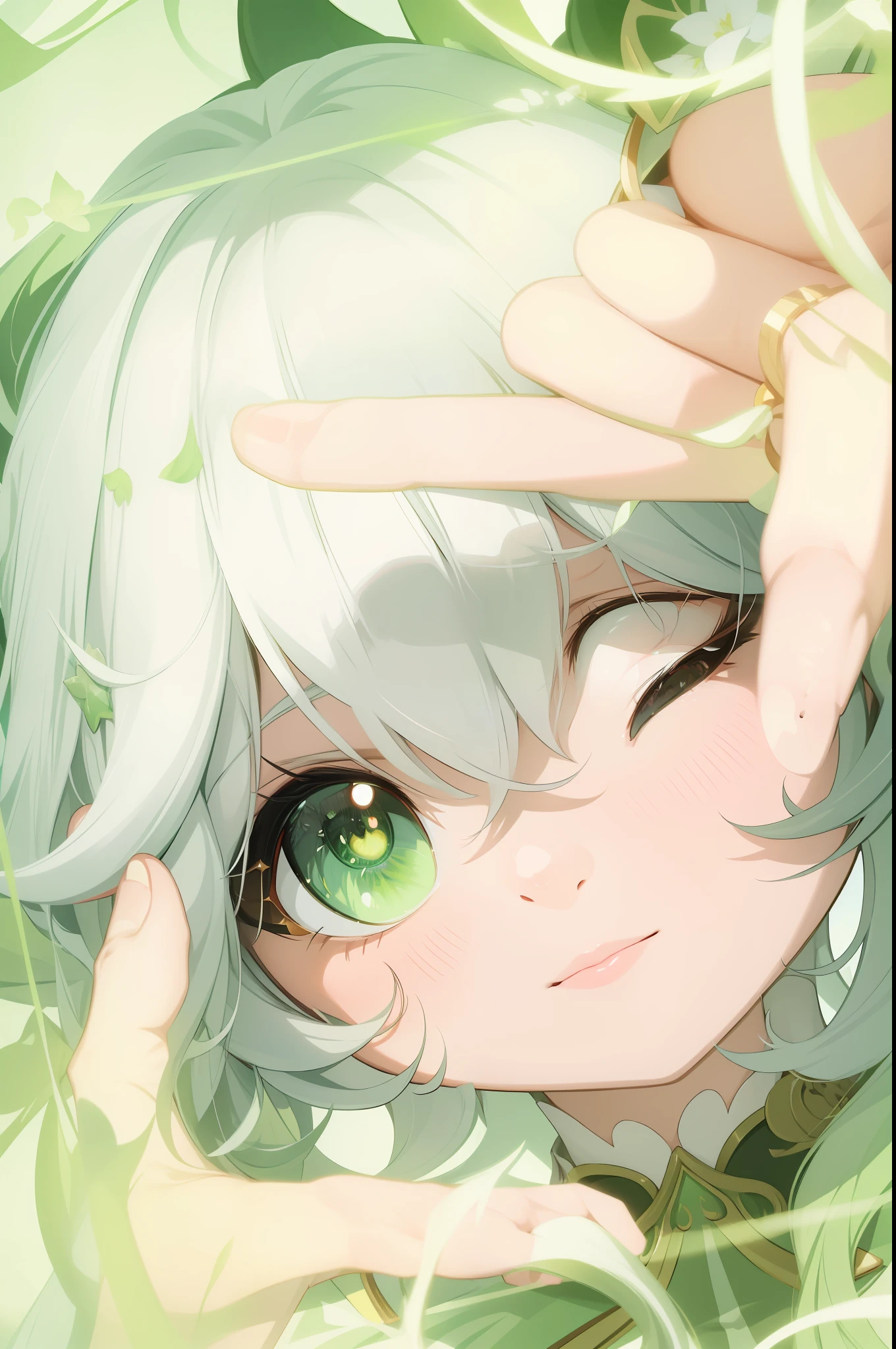 Nahida, Genshin impact, anime girl with green eyes looking at the camera with a beautiful and attractive smile, colorful lens reflections, elf ear, stars in her fixed eyes, light through glass, breathtaking rendering, extreme close-up, anime cg art, cute girl, attractive anime girl, beautiful anime girl, kantai collection style,  cute cute beautiful anime woman, detailed digital anime art, beautiful anime girl, beautiful anime girl, | Fine detail anime, (Anime Girl), best quality, masterpiece, ultra-detailed, beautiful, highres, original, absurdres,CG 8K ultra realistic, perfect artwork, (((perfect female figure)), female, narrow waist, clean, beautiful face, pure face, skin, hyper realistic, ultra detailed, detailed eyes, lush body, dramatic lighting, dynamic pose, (realistic) realistic, (masterpiece:1.3), (absurdres:1.3), (best quality:1.3), HD,  FULL HD, bright lights, best quality, best quality, beautiful lighting, outdoor, (8k wallpaper of extremely detailed CG unit), high details, sharp focus, dramatic and photorealistic painting art of midjourney, photorealistic, beautiful smile, incredibly detailed face, hyper detailed face, hyper realistic face, face with lots of detail, perfect nose, well made hands, making hands a camera