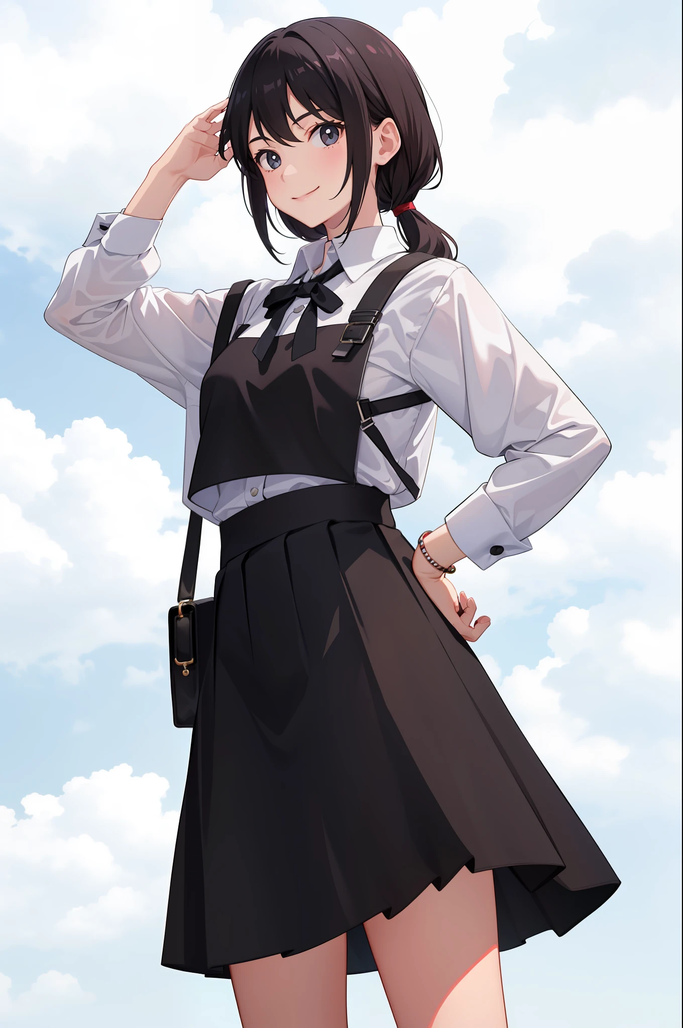 1 girl, smile, shirt, skirt, (small) chiralism,