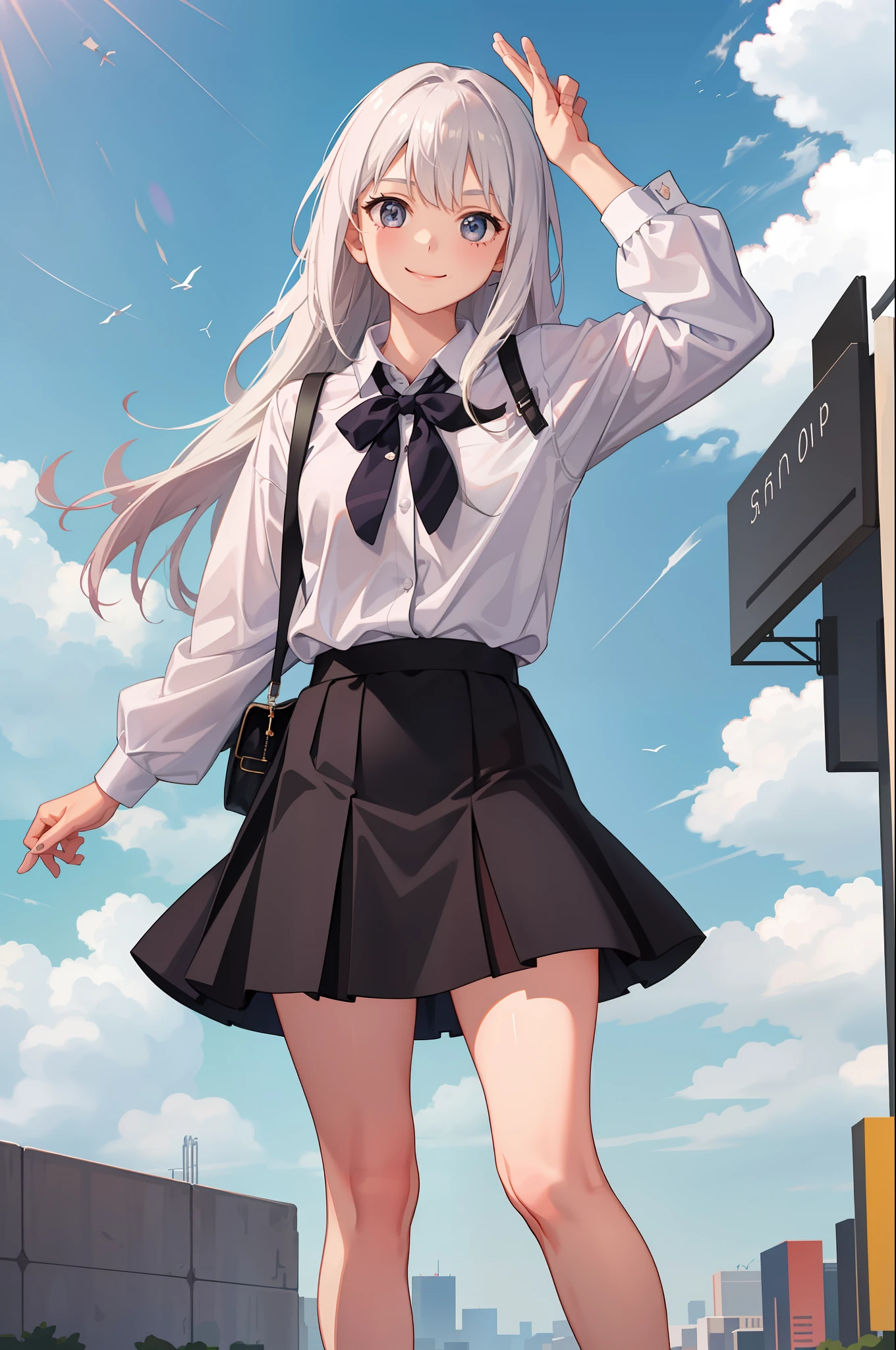 1 girl, smile, shirt, skirt, (small) chiralism,