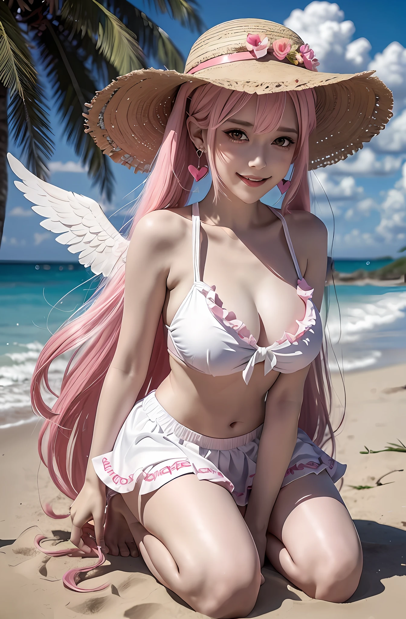 Pink hair. Pigtails. Miniskirt. Earring. Angel wings. Heart-shaped vacant chest. Heart logo. A big smile. Sunset beach. Straw hats. White wings. Kneeling. Get on your knees.