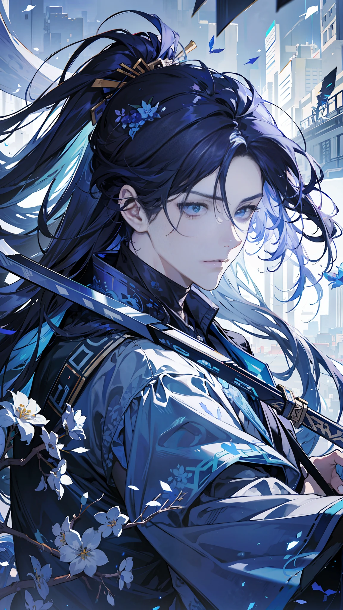 Blue-purple style, looking at you, messy hair, broken hair, long hair, chivalry, very beautiful cyberpunk digital artwork, male focus, handsome, heroic and sassy, beautiful man, wearing a blue and white kimono, long sword on the shoulder, chivalry style, high-quality detail depiction, blurred background and soft light set off, middle side shooting, middle side perspective, pattern decorations and accessories, broken flowers and flying flowers, rich fog surrounding, light and shadow change extremely exquisite. Anime style 4k wallpaper.
