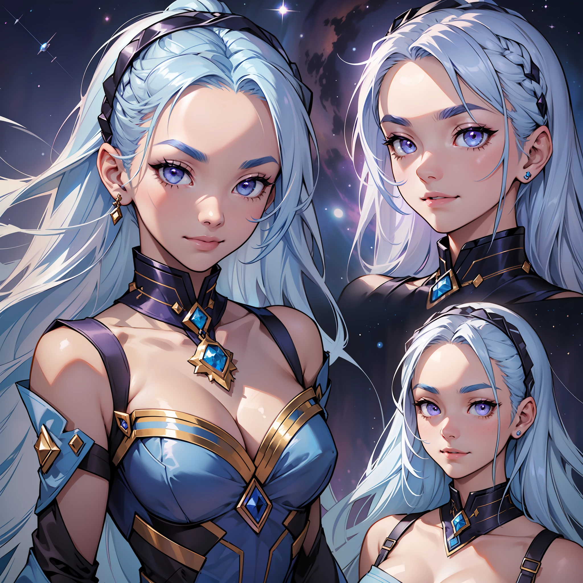 (Character design sheet, forehead, side, back, head, clothing), a girl, serene young woman, sky blue hair, deep violet eyes, cosmic dress, blue and silver tones, stellar details, tight bodice, constellation accessories, enigmatic look, radiant smile, gently arched eyebrows, dreamy spirit, cosmic wisdom, compassion and empathy, heavenly beauty.