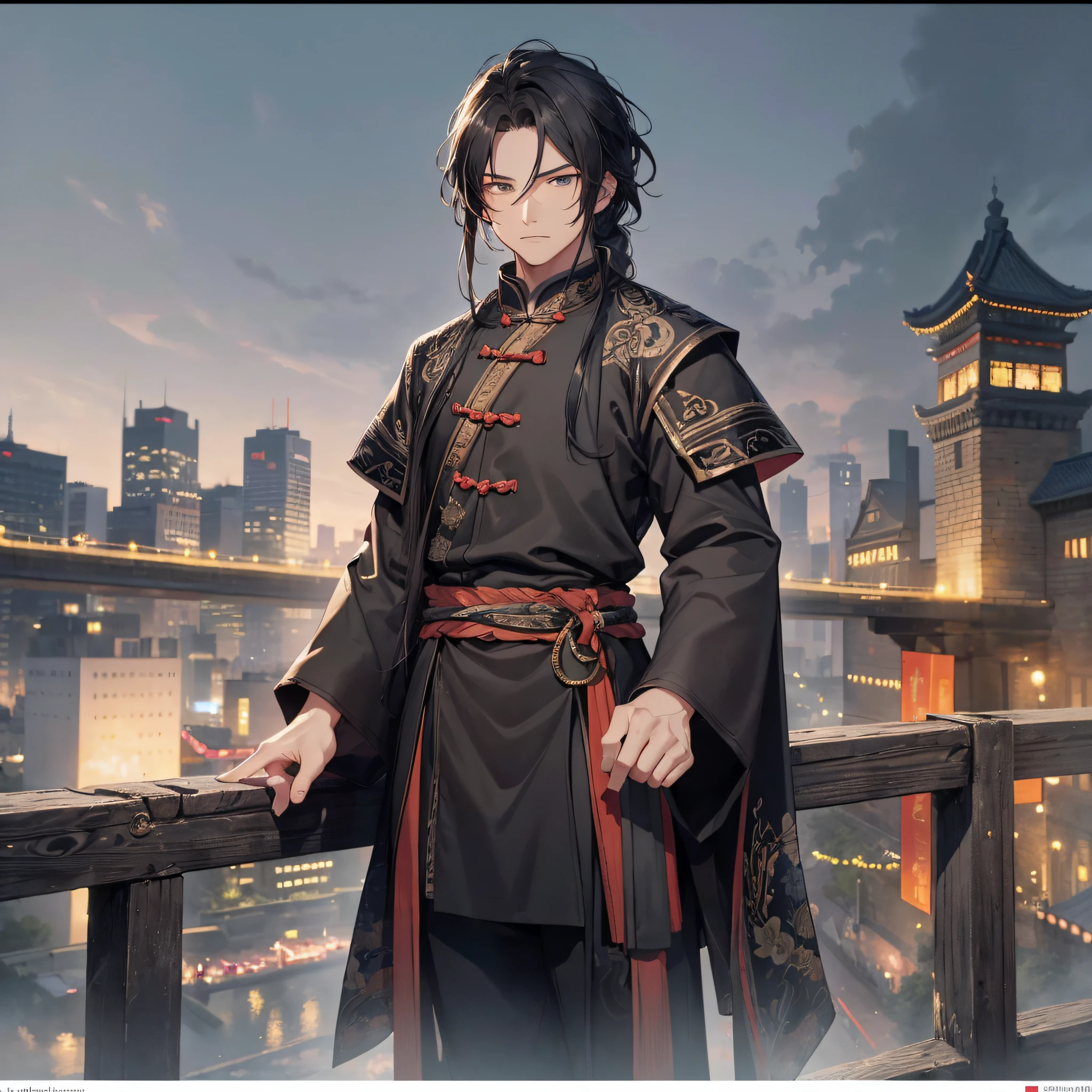 Absurd resolution, high resolution, (masterpiece: 1.4), hyperdetail, ancient China, night, standing on the city wall (1.2), black long-haired young man (1.3), wearing black cloth, serious and firm expression (1.5)
