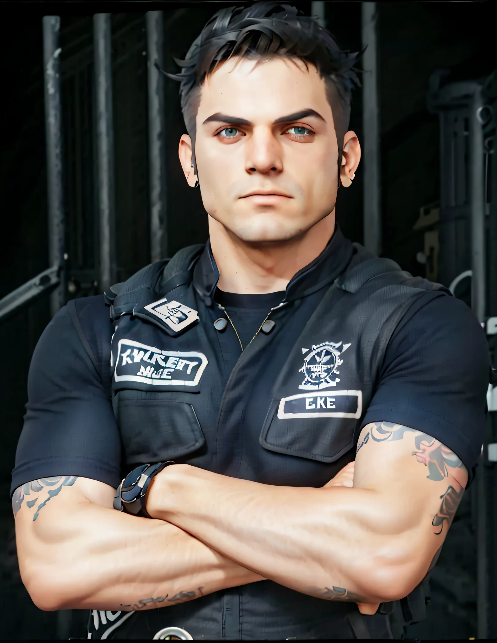 Man with tattoos on his arms, motorcycle club vest and black shirt in front of a gate, 8k resolution, blurred background, rgb gamer lighting on the edges