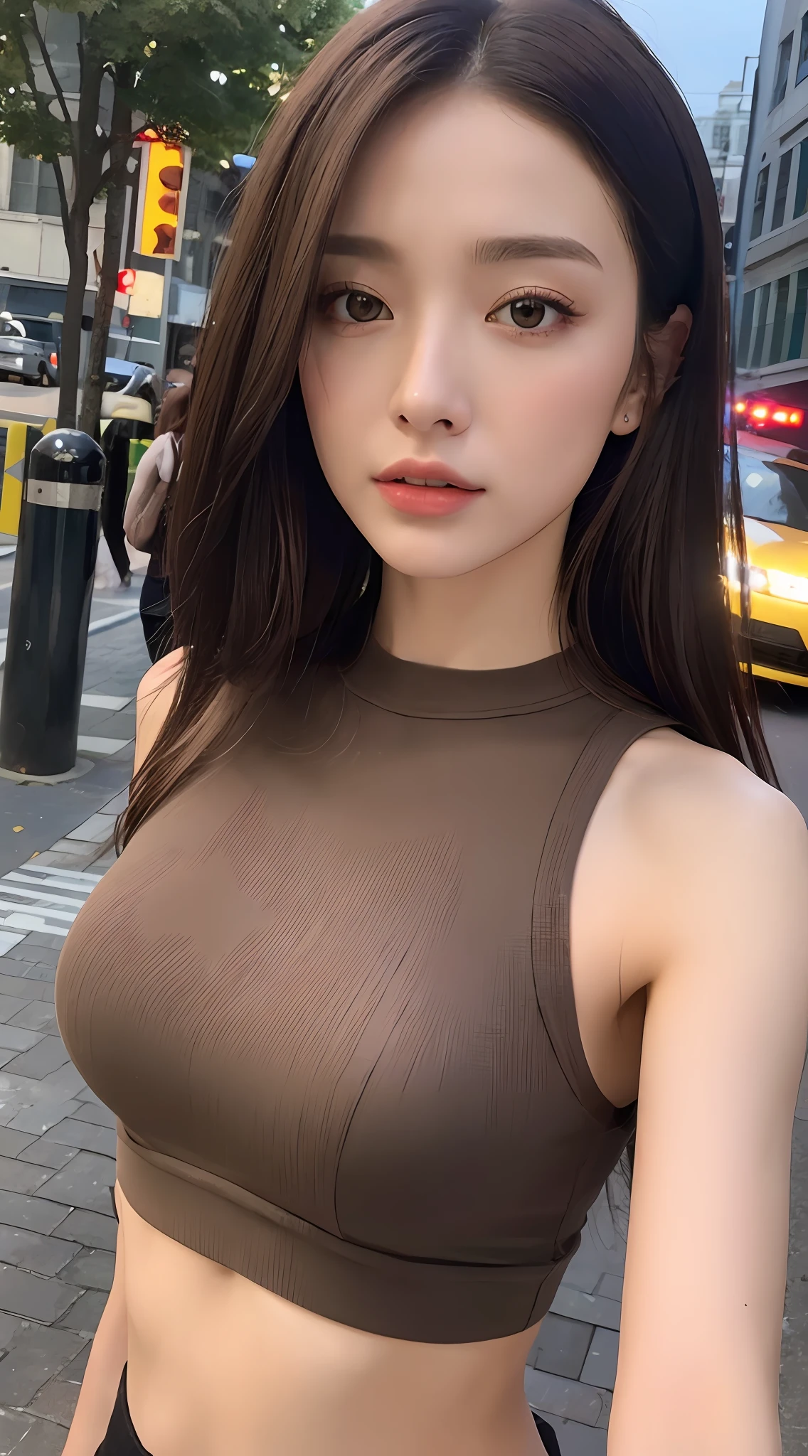 ((Realistic lighting, Best quality, 8K, Masterpiece: 1.3)), Clear focus: 1.2, 1girl, Perfect Figure: 1.4, Slim Abs: 1.1, ((Dark brown hair)), (White crop top: 1.4), (Outdoor, Night: 1.1), City streets, Super fine face, Fine eyes, Double eyelids,