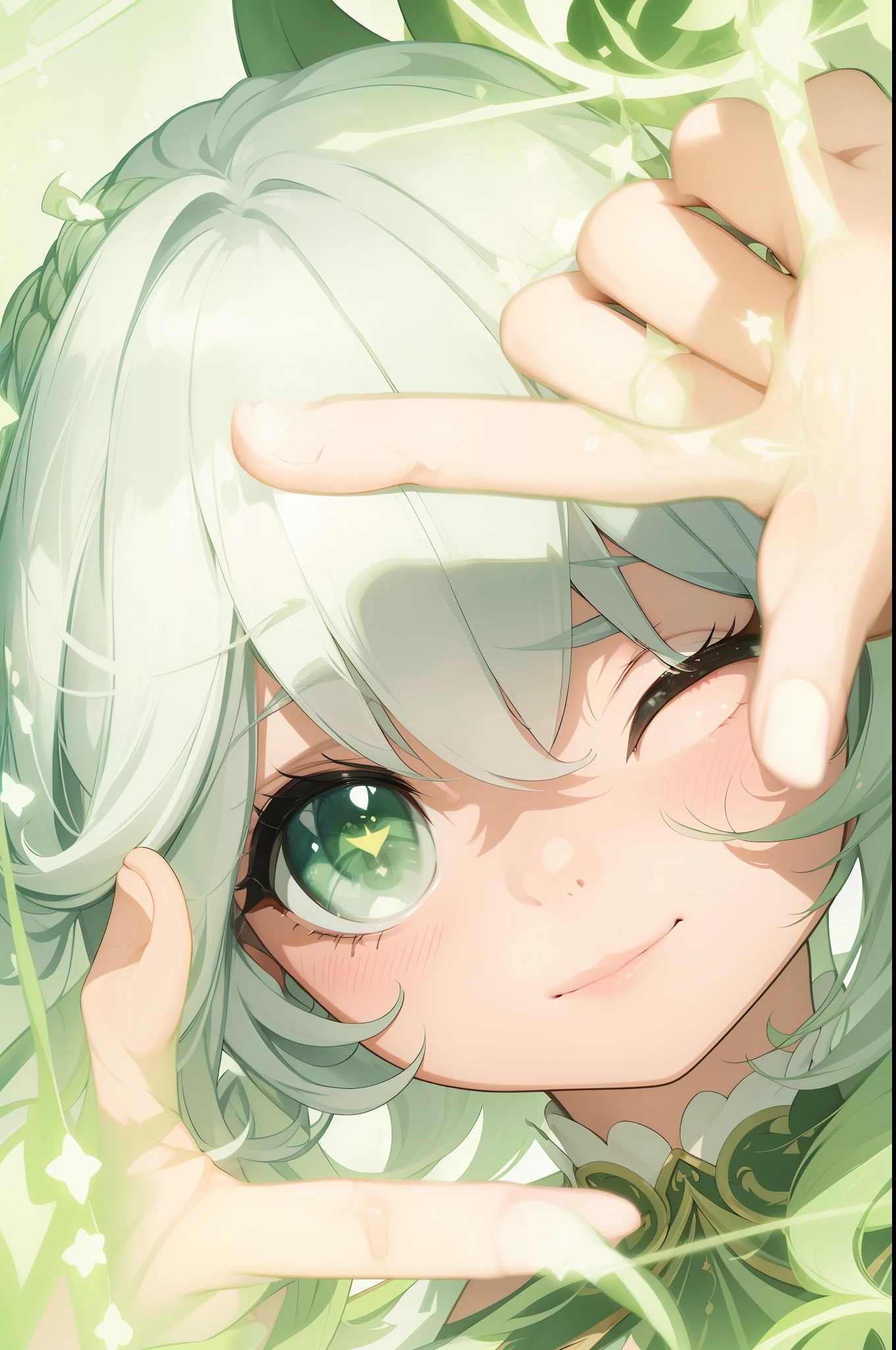 Nahida, Genshin impact, anime girl with green eyes looking at the camera with a beautiful and attractive smile, colorful lens reflections, elf ear, stars in her fixed eyes, light through glass, breathtaking rendering, extreme close-up, anime cg art, cute girl, attractive anime girl, beautiful anime girl, kantai collection style,  cute cute beautiful anime woman, detailed digital anime art, beautiful anime girl, beautiful anime girl, | Fine detail anime, (Anime Girl), best quality, masterpiece, ultra-detailed, beautiful, highres, original, absurdres,CG 8K ultra realistic, perfect artwork, (((perfect female figure)), female, narrow waist, clean, beautiful face, pure face, skin, hyper realistic, ultra detailed, detailed eyes, lush body, dramatic lighting, dynamic pose, (realistic) realistic, (masterpiece:1.3), (absurdres:1.3), (best quality:1.3), HD,  FULL HD, bright lights, best quality, best quality, beautiful lighting, outdoor, (8k wallpaper of extremely detailed CG unit), high details, sharp focus, dramatic and photorealistic painting art of midjourney, photorealistic, beautiful smile, incredibly detailed face, hyper detailed face, hyper realistic face, face with lots of detail, perfect nose, well made hands, making hands a camera