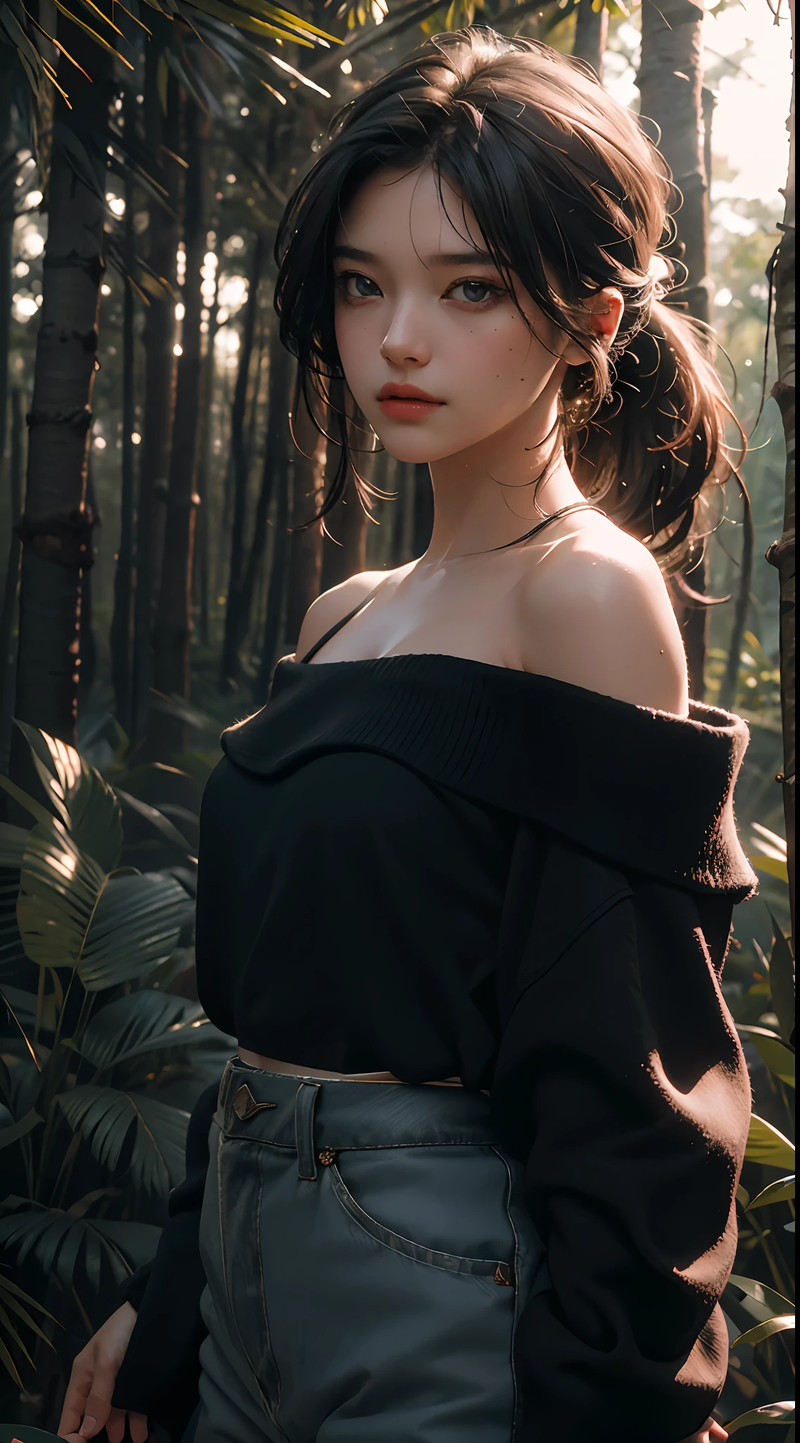Best Quality, Masterpiece, Ultra High Resolution, (Photorealistic: 1.4), Original Photo, 1girl, Off-the-Shoulder, Cinematic Lighting, (Survival in the Wild: 1)
