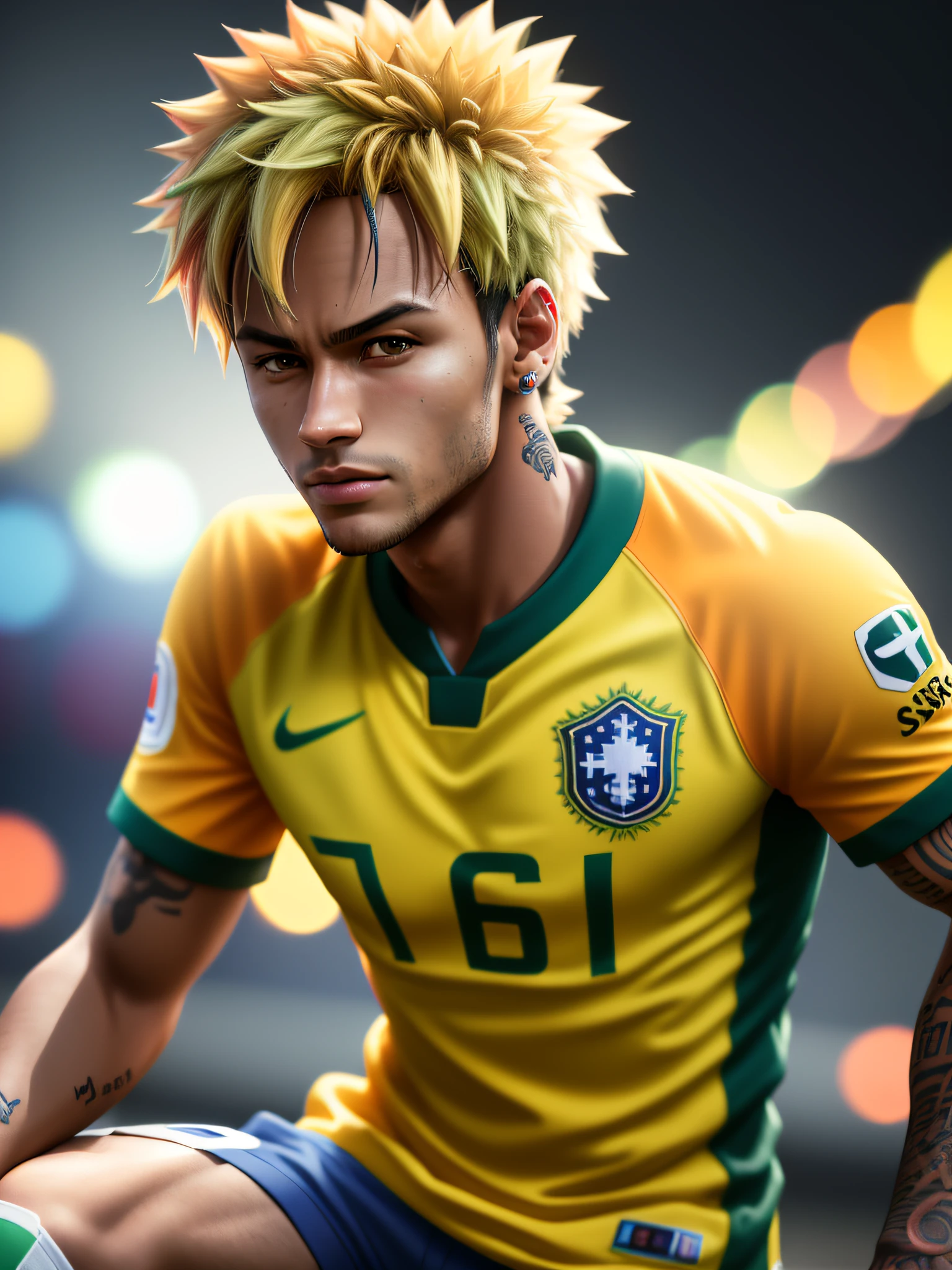 neymar, wearing Brazilian national team shirt, (anime style) (masterpiece:1.2) (bokeh) (best quality) (detailed skin) (detailed texture) (8k) (claymation) (cinematic lighting) (sharp focus, Social realism, Realism, ray tracing, reflection light, high quality, high details, super detail, 8k, 16k, best quality