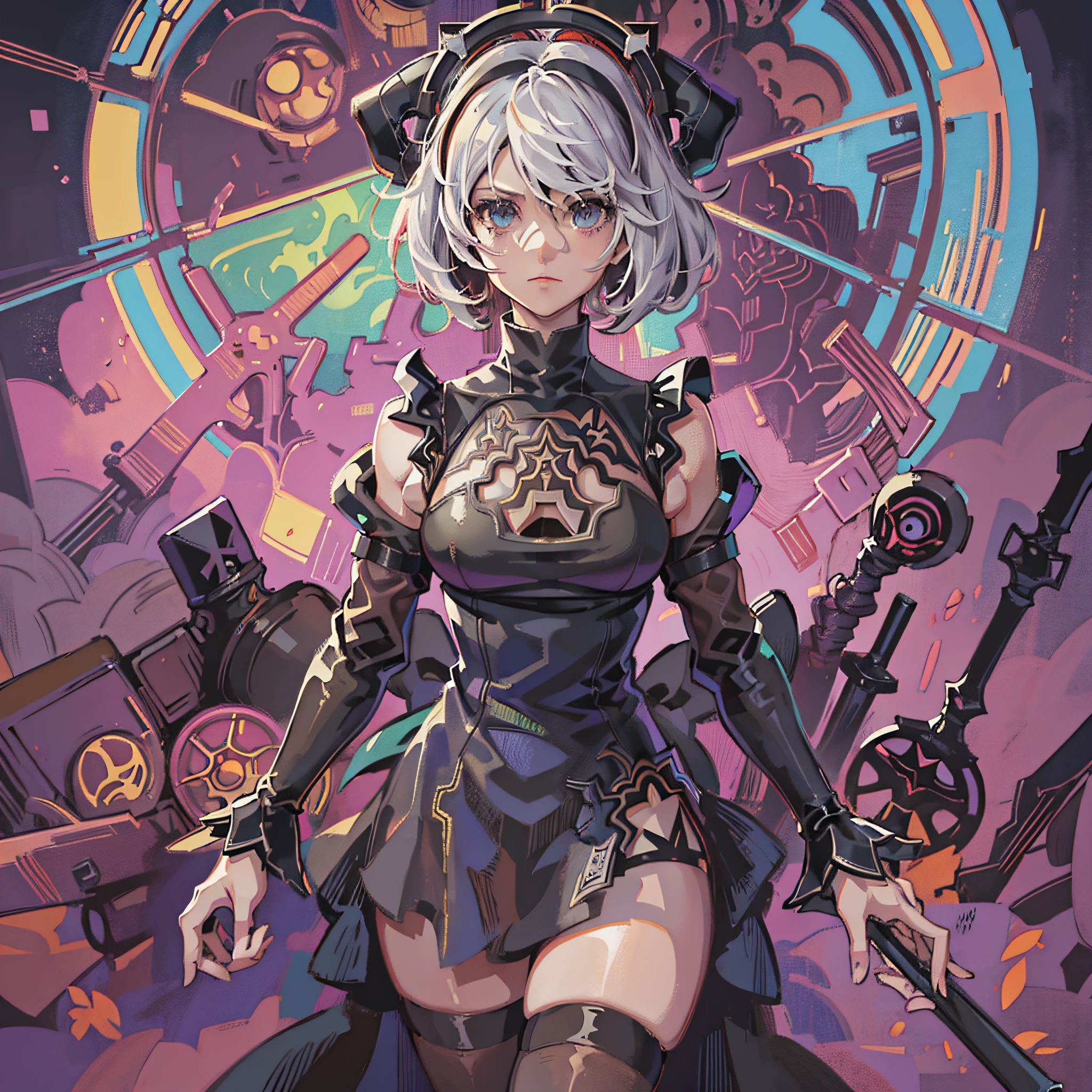 Sticker Design, (aerial lens shot),anime, (secret of mana style:1.3), medium shot of 1girl (gothic the matrix, nier automata:1.3), dynamic pose, Centered, (bakemonogatari:1.4), Stained glass, whimsical, Crystals, Flat shading, art deco, Cheerful, lay of light, colorful splashes, soft tetrad pastel color, vector art, fantasy art, Illuminated, jewel tones, ((luminism, rayonism)), 8k resolution