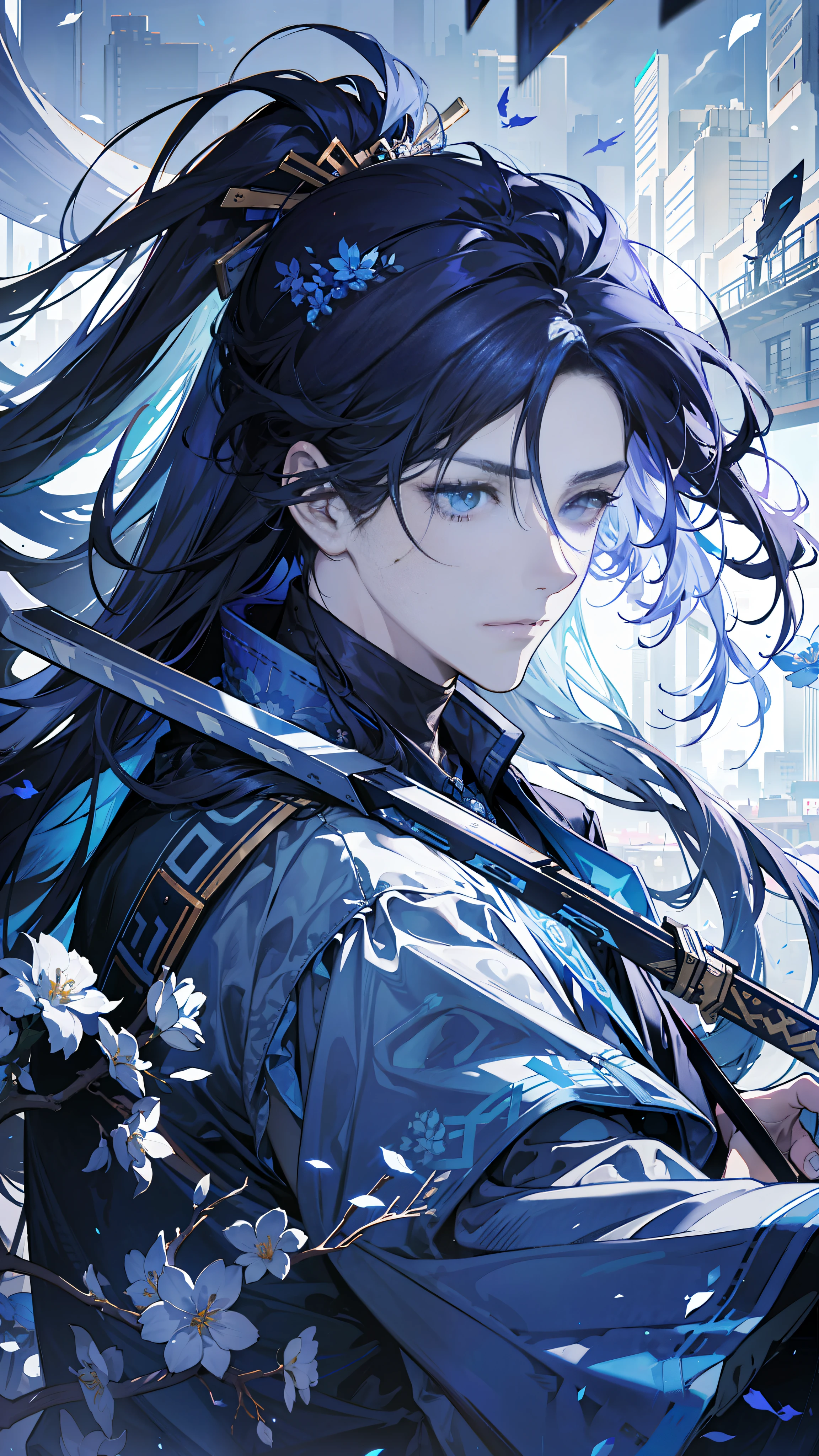 Blue-purple style, looking at you, messy hair, broken hair, long hair, chivalry, very beautiful cyberpunk digital artwork, male focus, handsome, heroic and sassy, beautiful man, wearing a blue and white kimono, long sword on the shoulder, chivalry style, high-quality detail depiction, blurred background and soft light set off, middle side shooting, middle side perspective, pattern decorations and accessories, broken flowers and flying flowers, rich fog surrounding, light and shadow change extremely exquisite. Anime style 4k wallpaper.