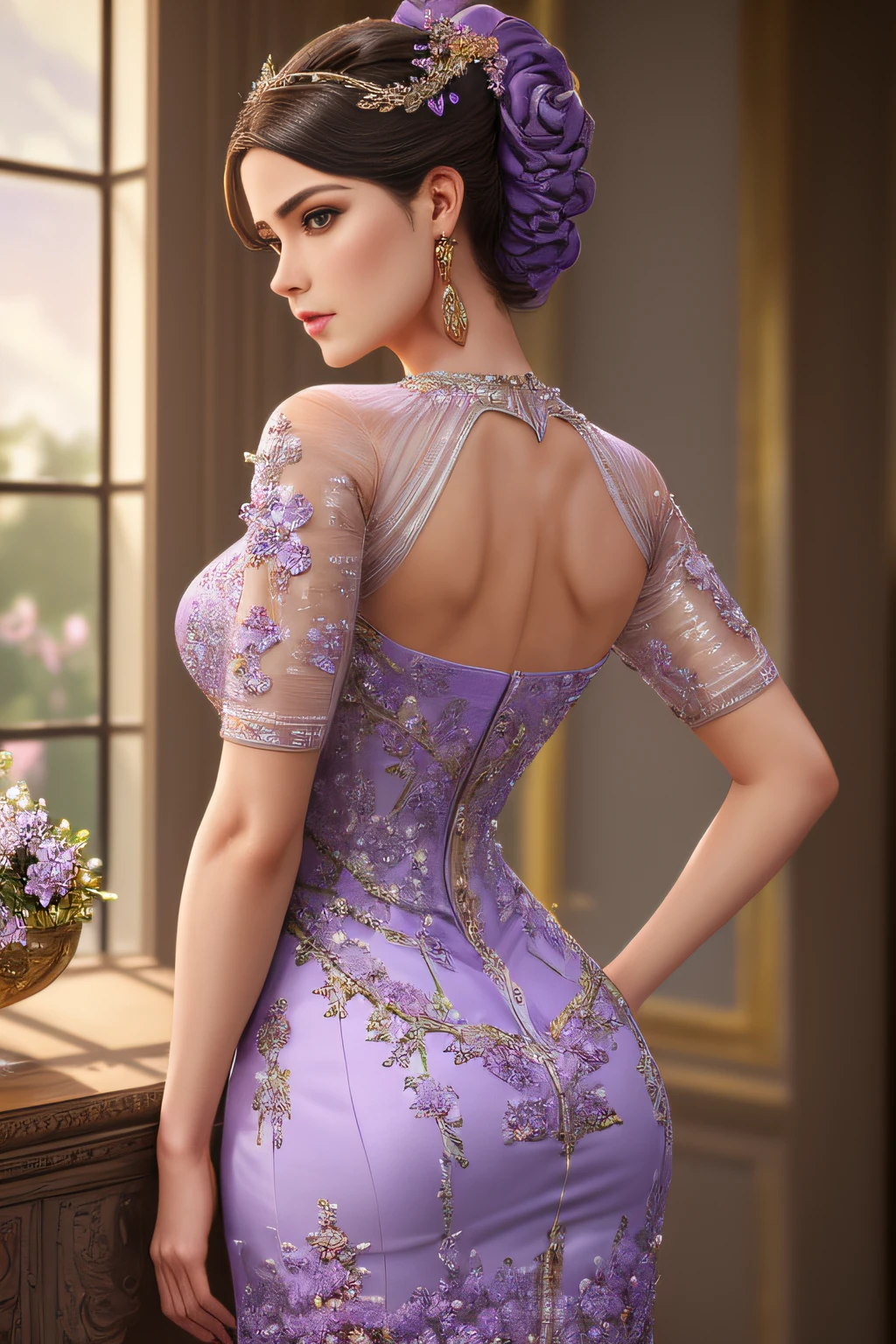 ((Masterpiece)), ((Best Quality)), (Very Detailed), (Very Detailed)), 4K, (8K), (Beautiful), Perfect Anatomy, Photo from Behind, Trained Ass, Supermodel Portrait Photography, Solo, (Lilac Intricate Workmanship Dress:1.3), Meticulously Rendered Face, Beautiful Eyes, Feminine Physique, Goddess of Beauty, Unreal Engine, octane rendering, movie lighting,
