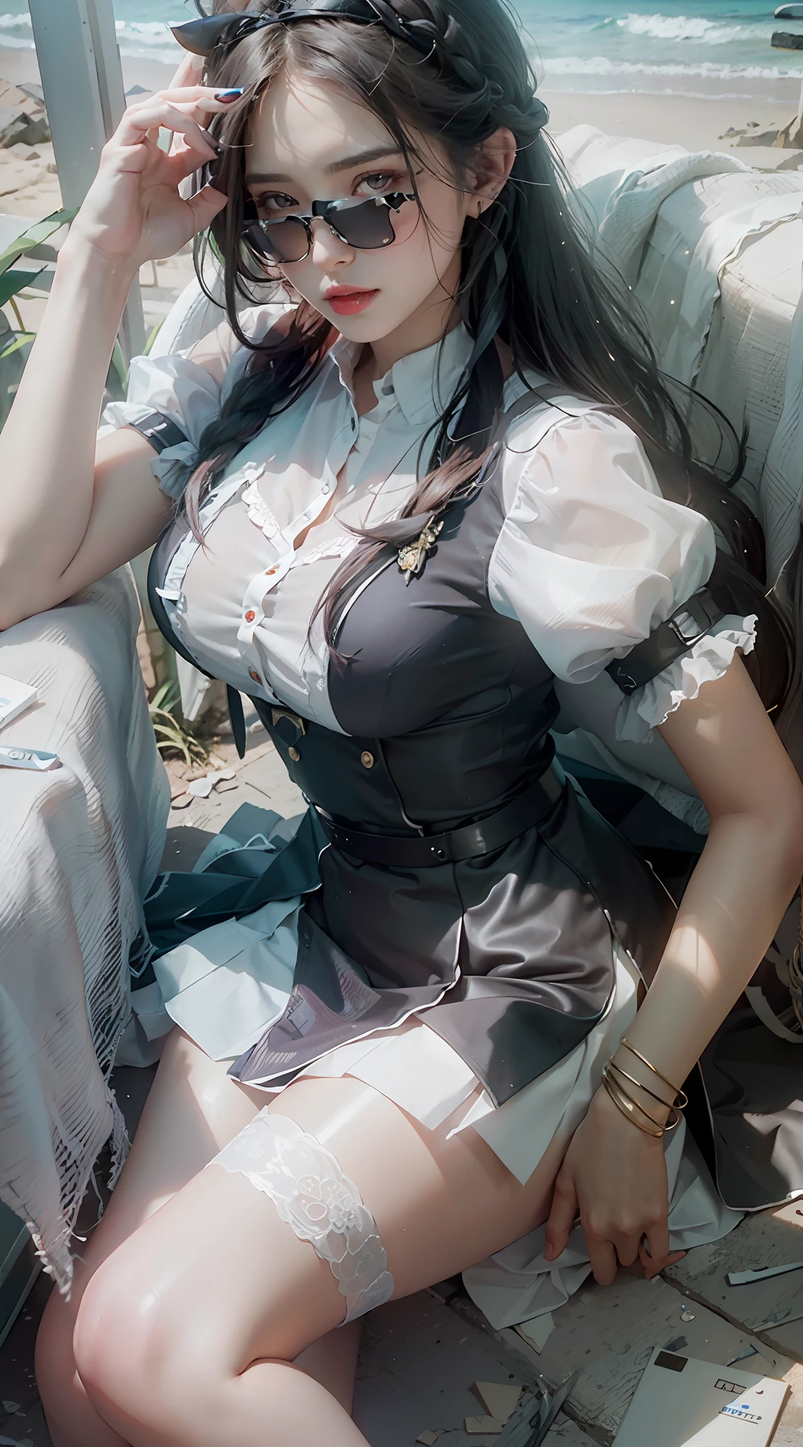 ((Best Quality)), ((Masterpiece)), (Details: 1.4), 3D, A Beautiful Single Beauty, (Blue-black Super Long Hair, Braided 1.6), (White Shirt, Black Pencil Skirt: 1.7), (White Stockings, Two Beautiful Legs: 1.6), (Red Lip: 1.2) HDR (High Dynamic Range), Ray Tracing, NVIDIA RTX, Super-Resolution, Unreal 5, Subsurface Scattering, PBR Texture, Post-processing, anisotropic filtering, depth of field, maximum sharpness and sharpness, multi-layer textures, albedo and highlight mapping, surface shading, accurate simulation of light-material interactions, perfect proportions, Octane Render, two-color light, large aperture, low ISO, white balance, rule of thirds, 8K RAW,