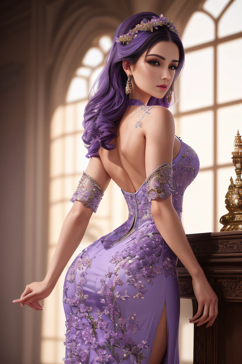 ((Masterpiece)), ((Best Quality)), (Very Detailed), (Very Detailed)), 4K, (8K), (Beautiful), Perfect Anatomy, Photo from Behind, Trained Ass, Supermodel Portrait Photography, Solo, (Lilac Intricate Workmanship Dress:1.3), Meticulously Rendered Face, Beautiful Eyes, Feminine Physique, Goddess of Beauty, Unreal Engine, octane rendering, movie lighting,