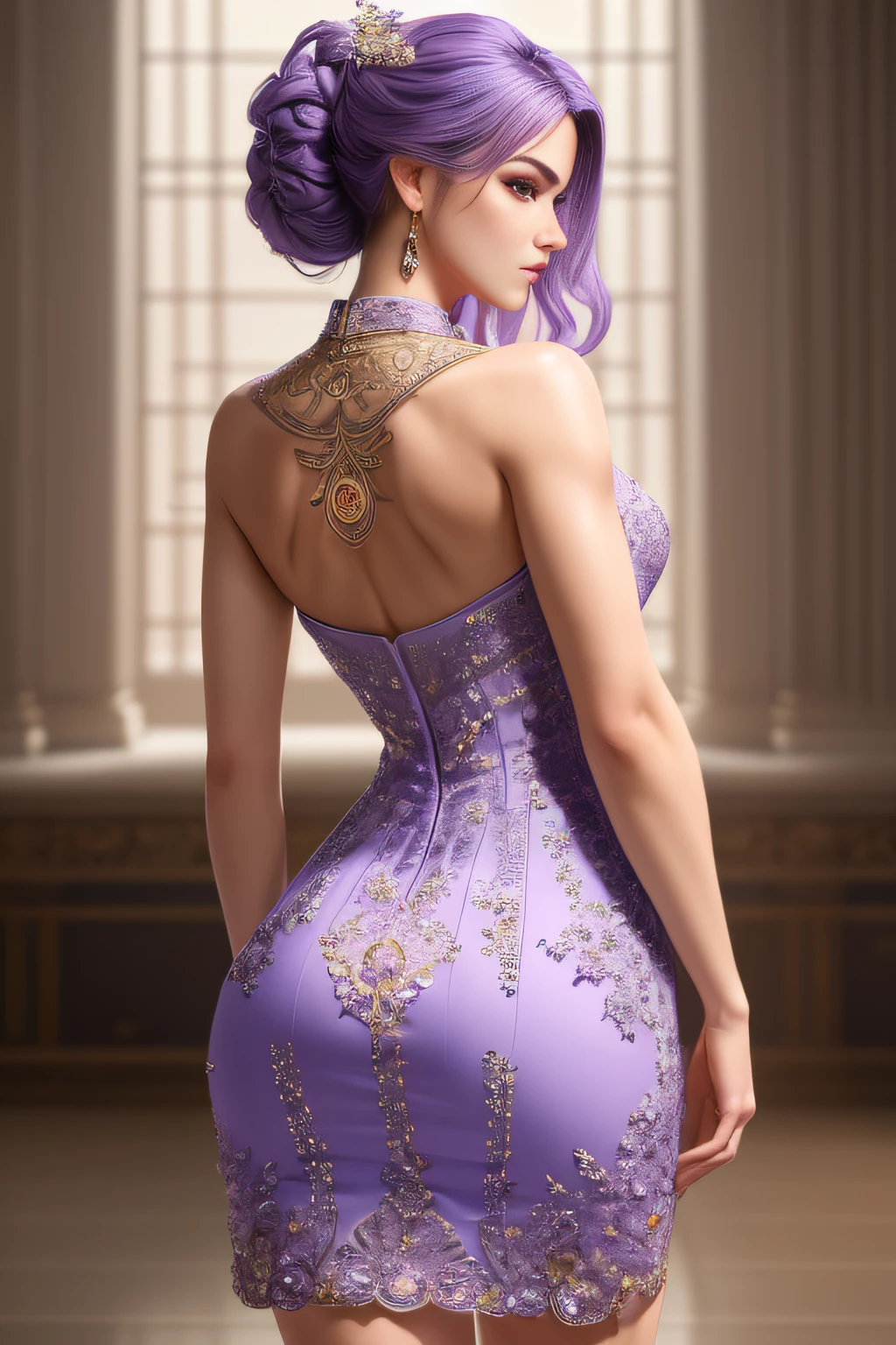 ((Masterpiece)), ((Best Quality)), (Very Detailed), (Very Detailed)), 4K, (8K), (Beautiful), Perfect Anatomy, Photo from Behind, Trained Ass, Supermodel Portrait Photography, Solo, (Lilac Intricate Workmanship Dress:1.3), Meticulously Rendered Face, Beautiful Eyes, Feminine Physique, Goddess of Beauty, Unreal Engine, octane rendering, movie lighting,