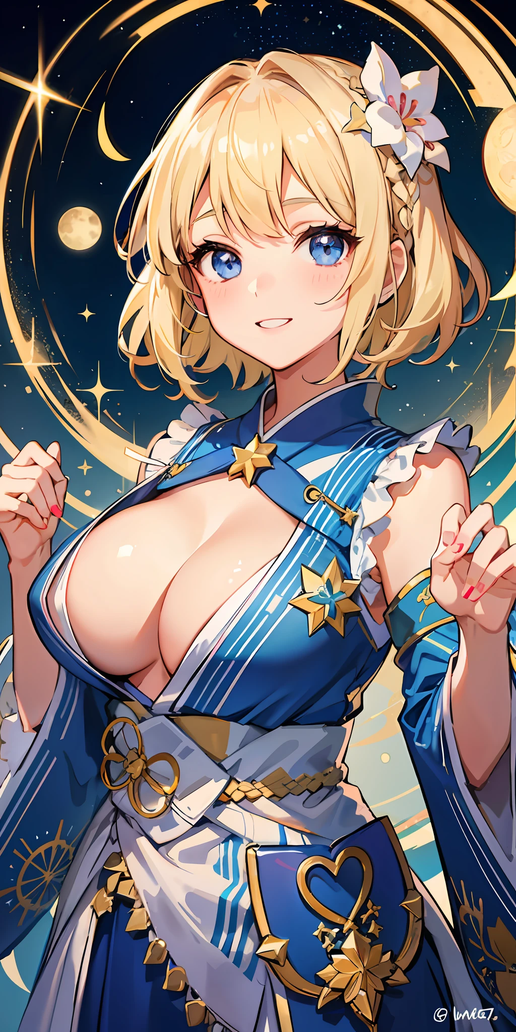 1girl, bright, blonde, light blue eyes, heart motif, star, moon, short hair, uniform bangs, multicolored hair, princess, saleme, side lights, light particles, wallpaper, big, plump, idol, amazing costume, kimono, kimono, yukata, hada, chest, cleavage, sexy, loose, fluffy, smile, gentle, clear, loli,