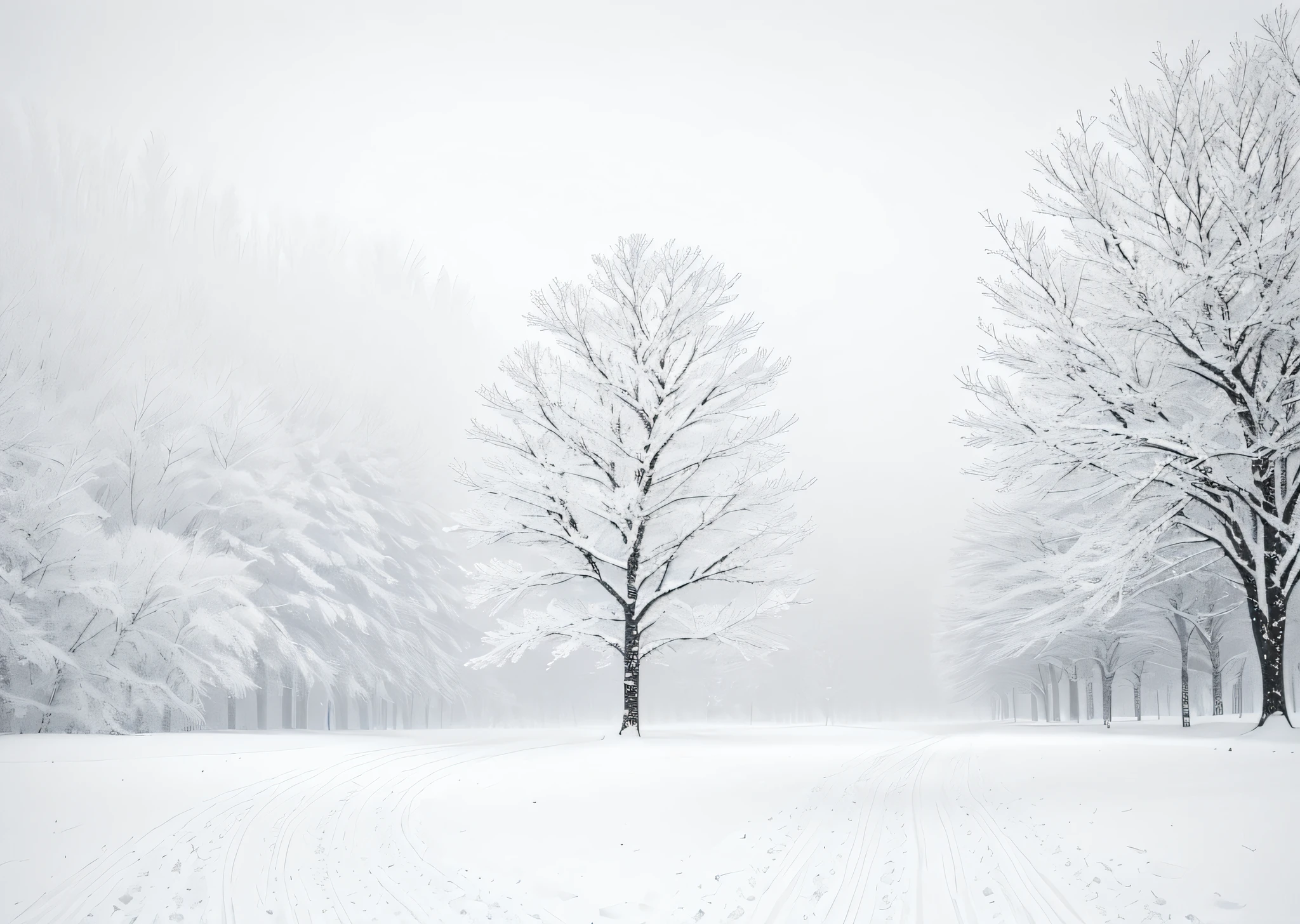 A lonely tree stands alone in the snowy landscape, walking alone, by Tadashi Nakayama, Yukihiko Yasuda, inspired by Ryoji Ikeda, Kazumatsu Tanaka, Fumito Ueda, Kiyomoto Torii, Makoto Kobayashi, Hiroshi Honda, Lonely Landscape, Cheng Jiasui, HD Gray and White, Blockbuster, Simple Style, Ultra High Quality, Exquisite Details, Innovative Ideas, Profound Artistic Conception, Winding Paths, Snow, Misty, Lonely, A Touch of Light, Chiaroscuro
