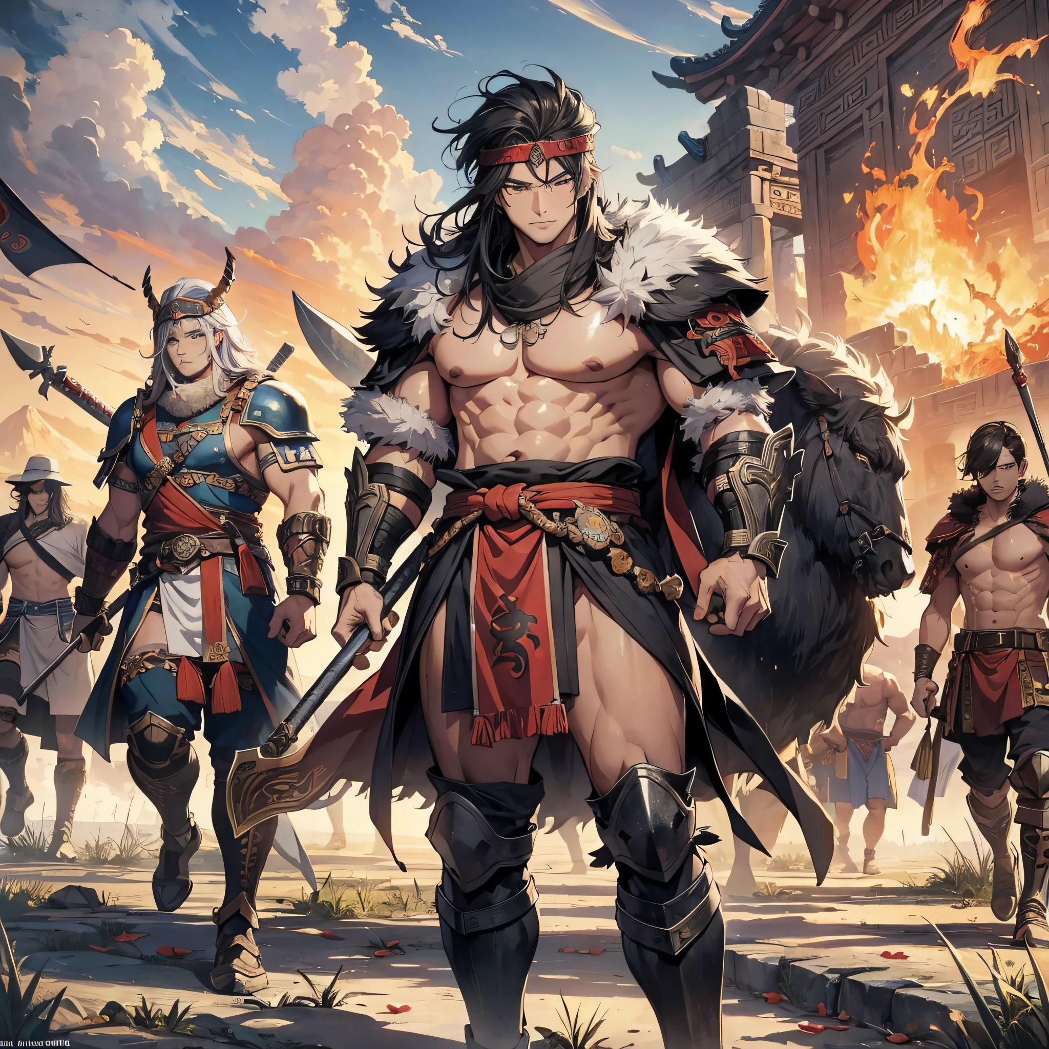 High resolution, (masterpiece: 1.4), hyper-detailed, ancient Chinese, upper body shirtless general, barbarian soldiers behind, siege, desert, dusk, fire