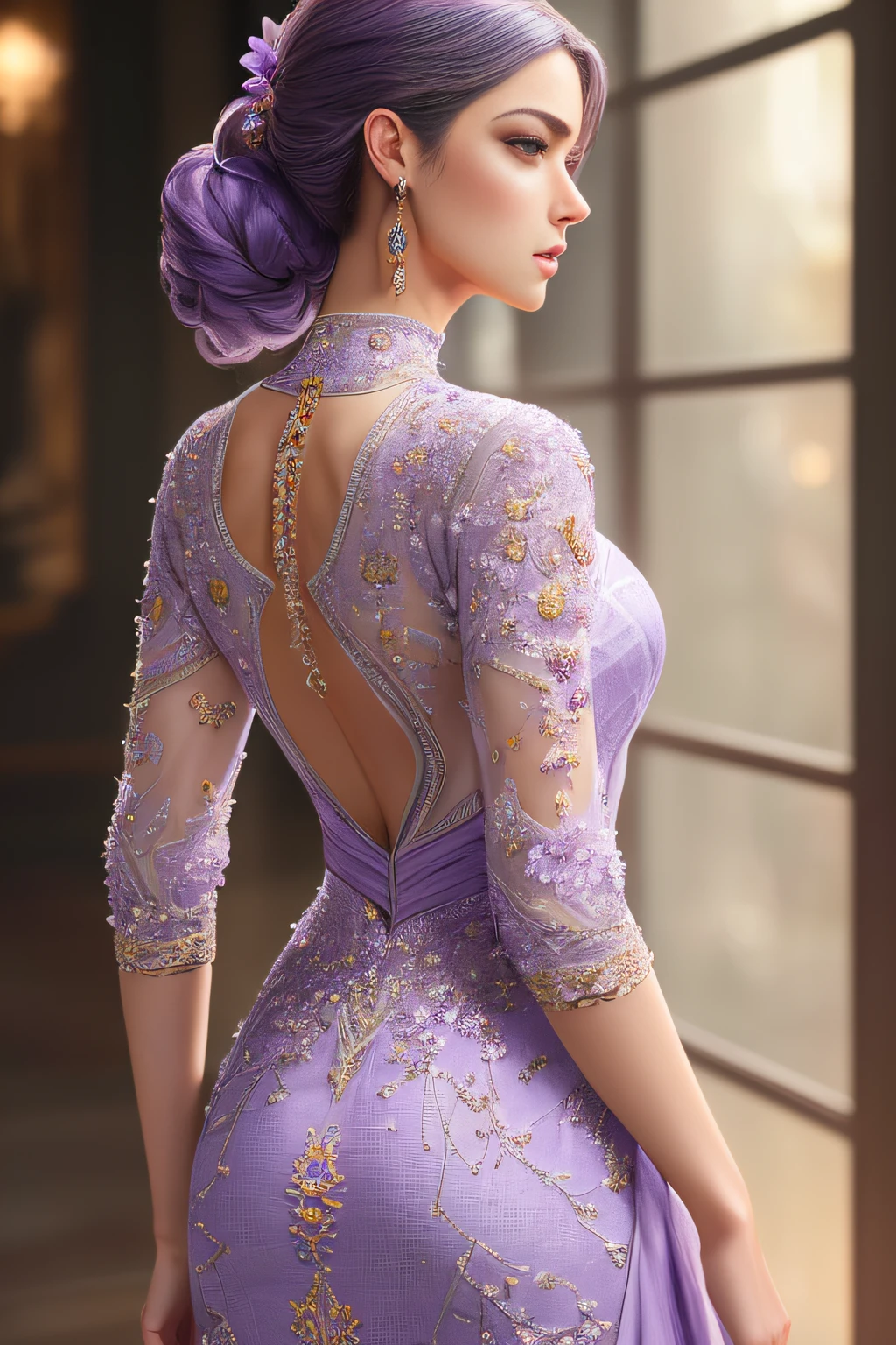 ((Masterpiece)), ((Best Quality)), (Very Detailed), (Very Detailed)), 4K, (8K), (Beautiful), Perfect Anatomy, Photo from Behind, Trained Ass, Supermodel Portrait Photography, Solo, (Lilac Intricate Workmanship Dress:1.3), Meticulously Rendered Face, Beautiful Eyes, Feminine Physique, Goddess of Beauty, Unreal Engine, octane rendering, movie lighting,