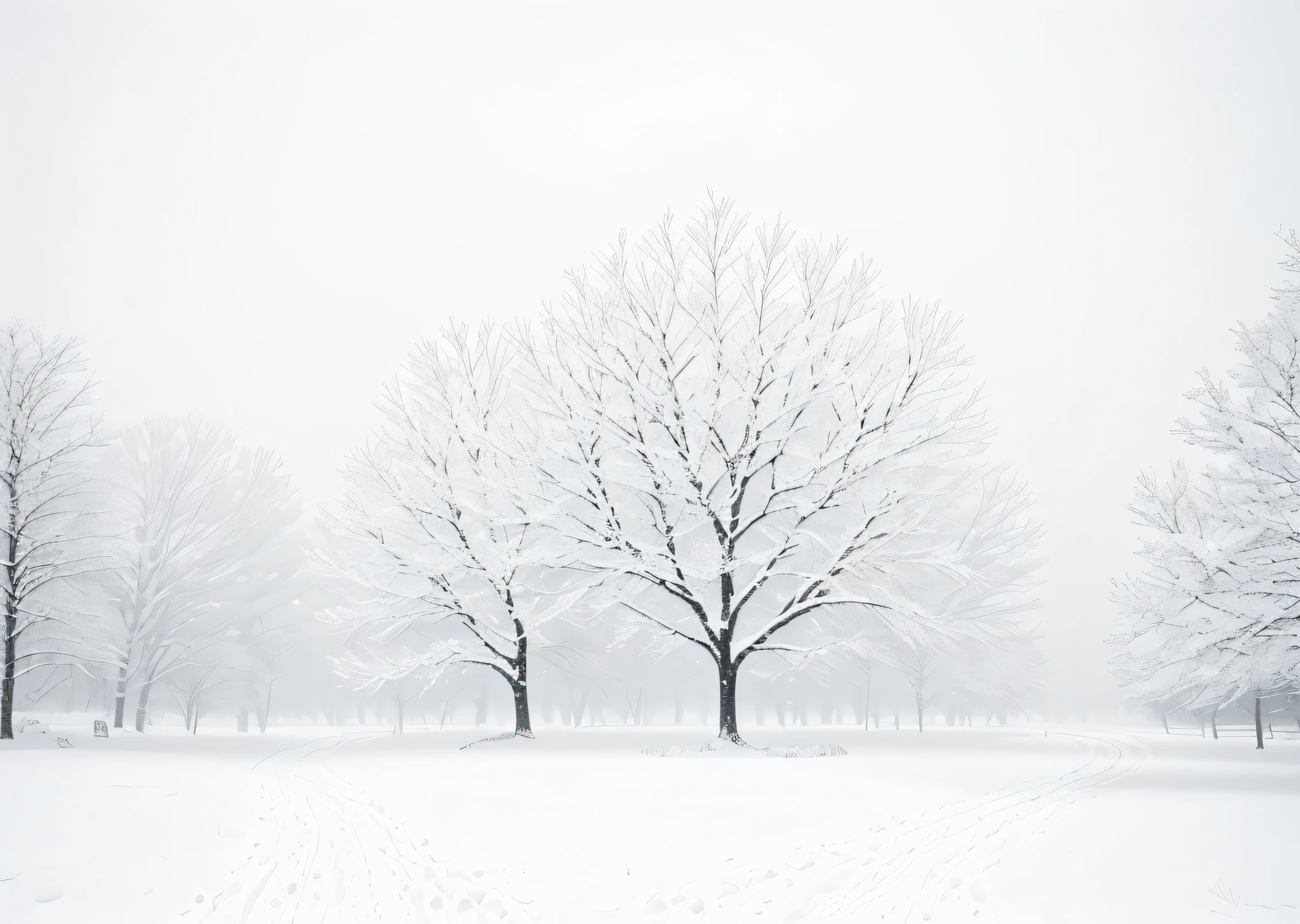 A lonely tree stands alone in the snowy landscape, walking alone, by Tadashi Nakayama, Yukihiko Yasuda, inspired by Ryoji Ikeda, Kazumatsu Tanaka, Fumito Ueda, Kiyomoto Torii, Makoto Kobayashi, Hiroshi Honda, Lonely Landscape, Cheng Jiasui, HD Gray and White, Blockbuster, Simple Style, Ultra High Quality, Exquisite Details, Innovative Ideas, Profound Artistic Conception, Winding Paths, Snow, Misty, Lonely, A Touch of Light, Chiaroscuro