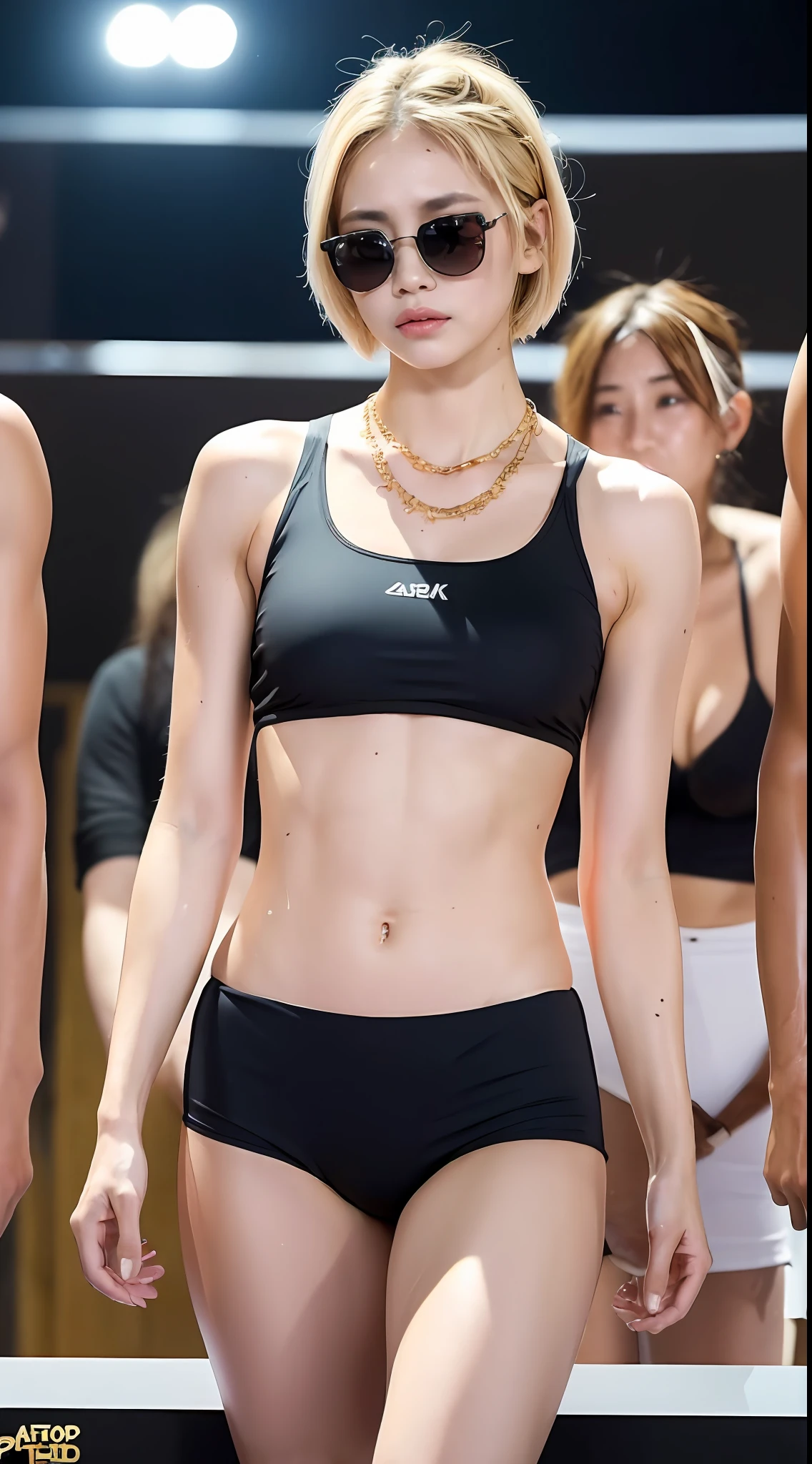((top quality, 8k, masterpiece: 1.3)), press conference venue, gaze from strong guys behind me, pre-match weigh-in, getting on the scale, countless cameras, bathed in flash, one girl, martial artist girl wearing a micro swimsuit and doing muscle pose, full body shot, (blonde, short-cut hair, tattoo, wearing sunglasses, gold necklace, sloppy, abs, Sweaty white skin, small: 1.2), super delicate face, delicate and big eyes, double eyelids, resentful expression, expression of hatred, thighs (sweaty), legs (sweaty), belly (sweaty), navel, whole body sweaty, sunglasses