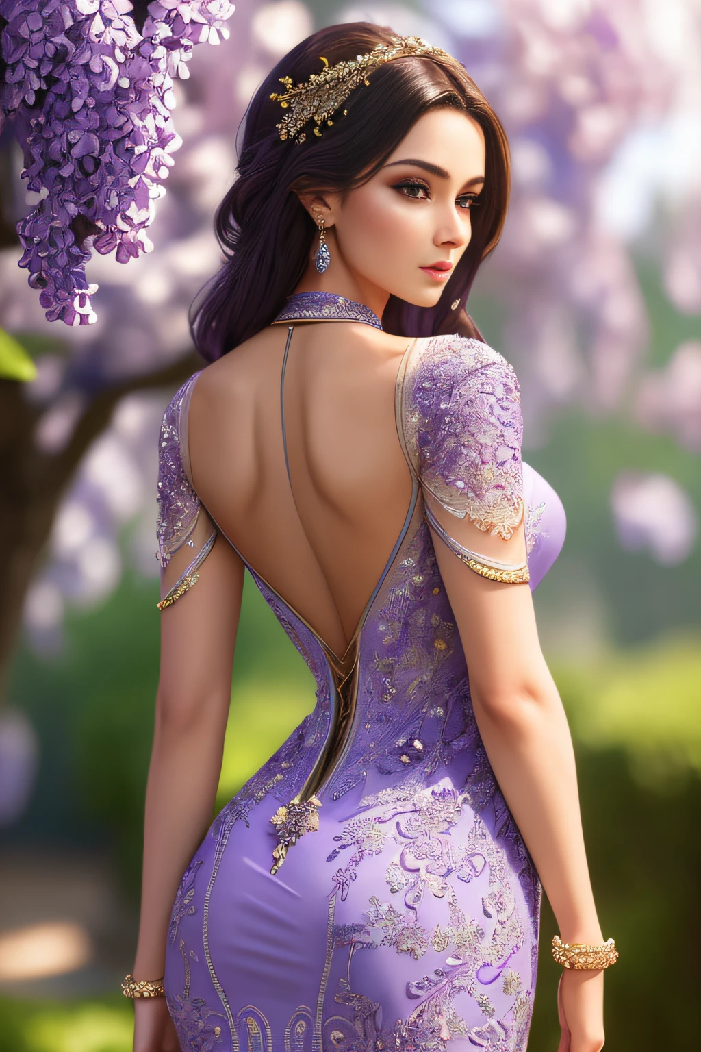 ((Masterpiece)), ((Best Quality)), (Very Detailed), (Very Detailed)), 4K, (8K), (Beautiful), Perfect ???????, Photo from Behind, Trained Ass, Supermodel Portrait Photography, Solo, (Lilac Intricate Workmanship Dress:1.3), Meticulously Rendered Face, Beautiful Eyes, Feminine Physique, Goddess of Beauty, Unreal Engine, octane rendering, movie lighting,