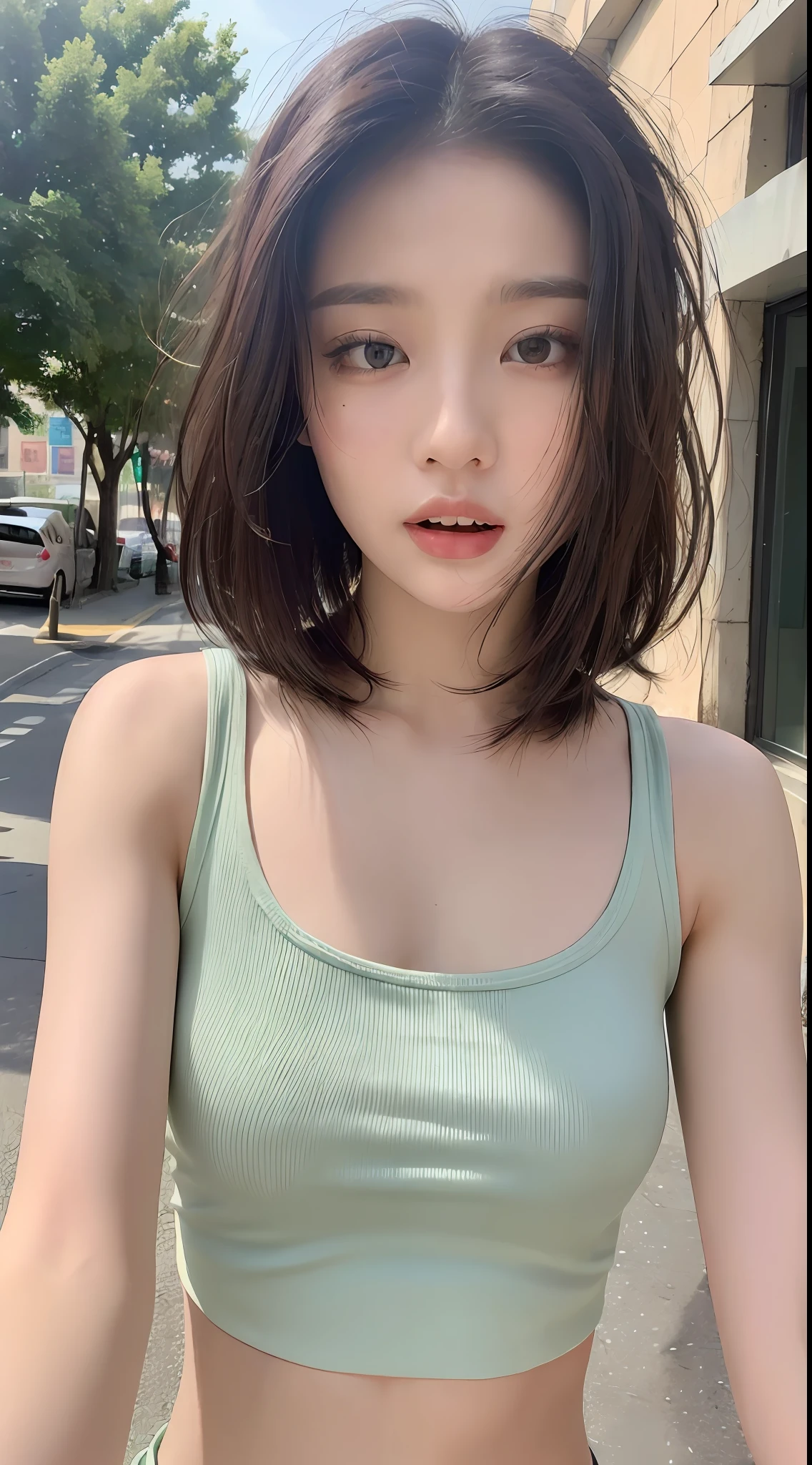 ((Best quality, 8k, Masterpiece :1.3)), Sharp focus:1.2, Perfect Body Beauty:1.4, Slim Abs:1.2, ((Layered hairstyle, Naughty expression: 1.2)), (Tank top shirt:1.1), (Street:1.2), Highly detailed face and skin texture, Fine eyes, Double eyelids