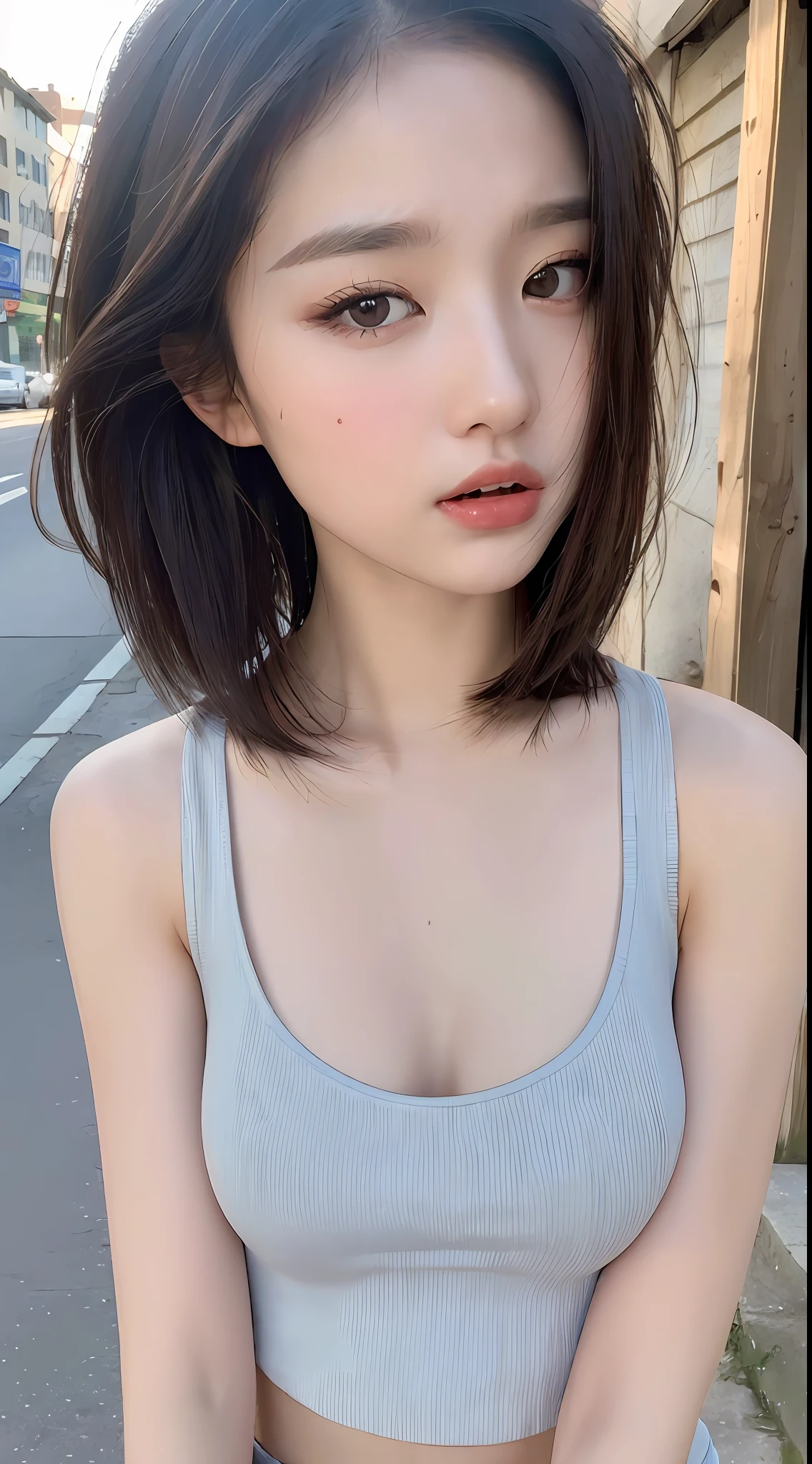 ((Best quality, 8k, Masterpiece :1.3)), Sharp focus:1.2, Perfect Body Beauty:1.4, Slim Abs:1.2, ((Layered hairstyle, Naughty expression: 1.2)), (Tank top shirt:1.1), (Street:1.2), Highly detailed face and skin texture, Fine eyes, Double eyelids