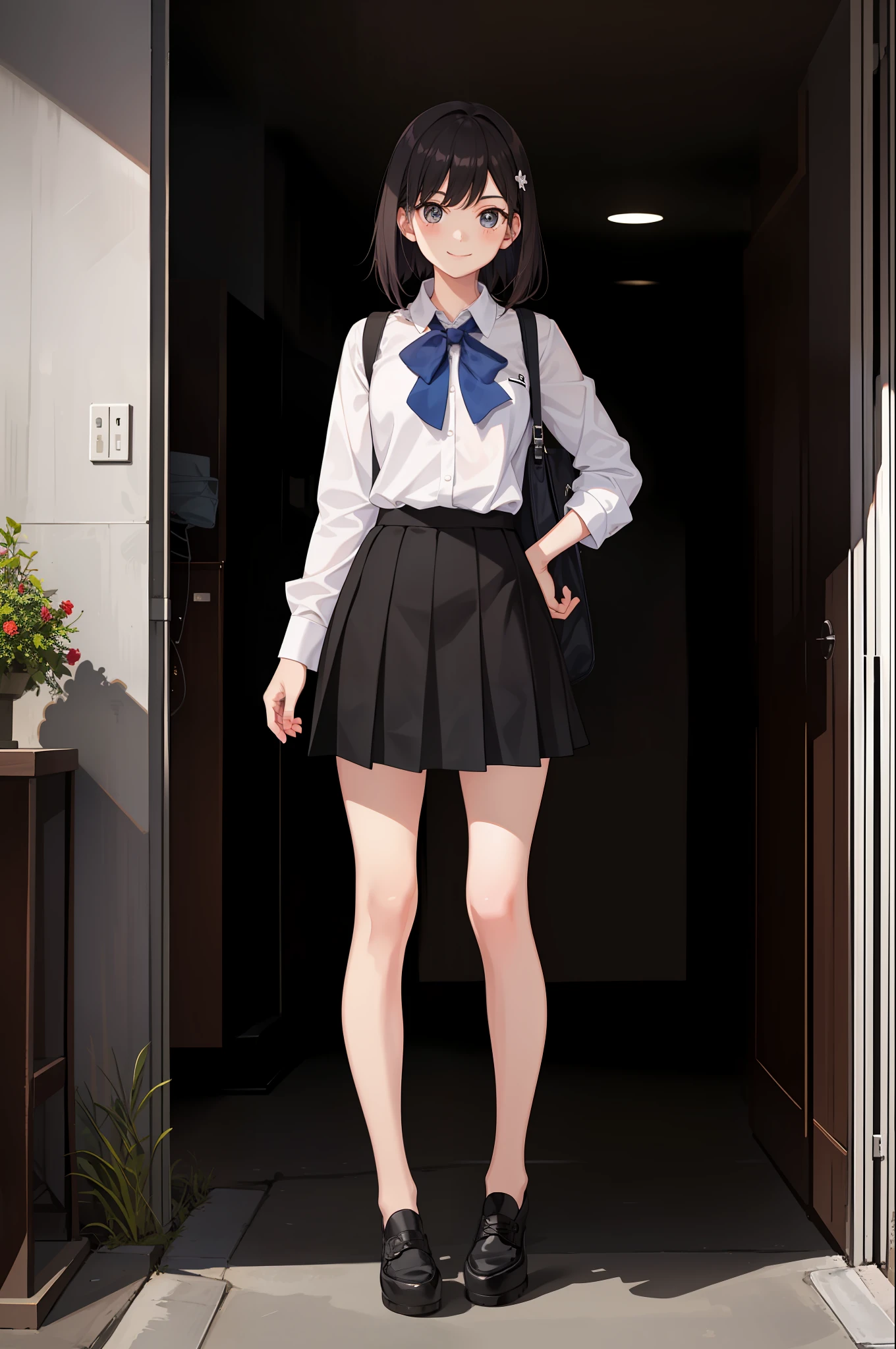 1 girl, smile, shirt, skirt, (small) chiralism,