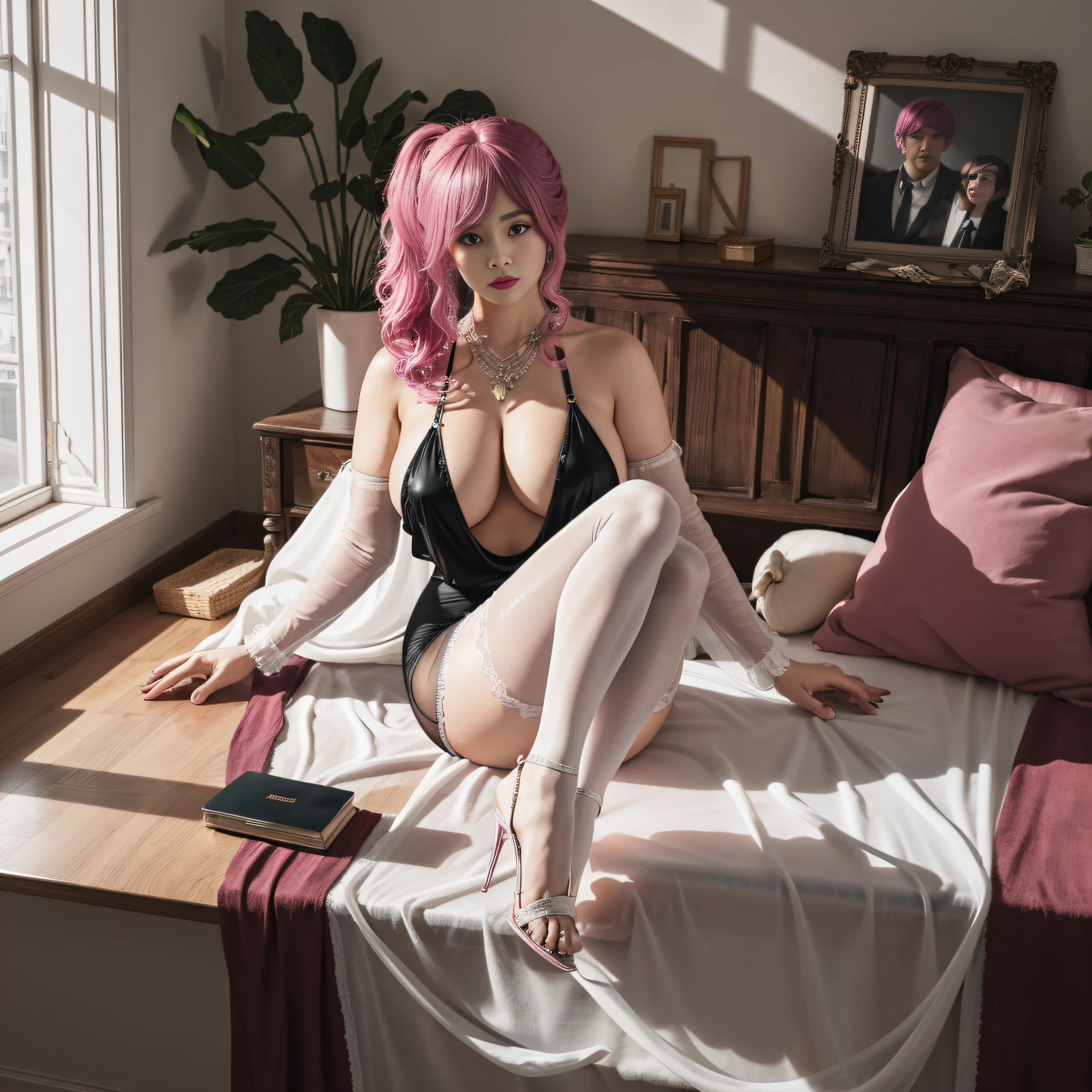 Huge plump, woman in black transparent suspenders, tights, transparent tight clothes, pink hair, perfect hands and feet, pink transparent ripped stockings, perfect feet, feet close together, arched, wearing high heels, no toes visible