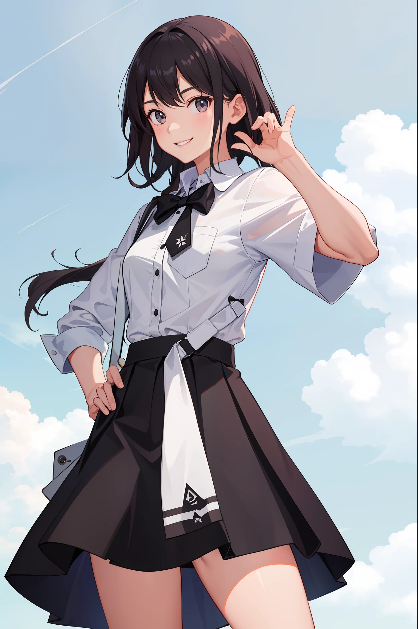 1 girl, smile, shirt, skirt, (small) chiralism,