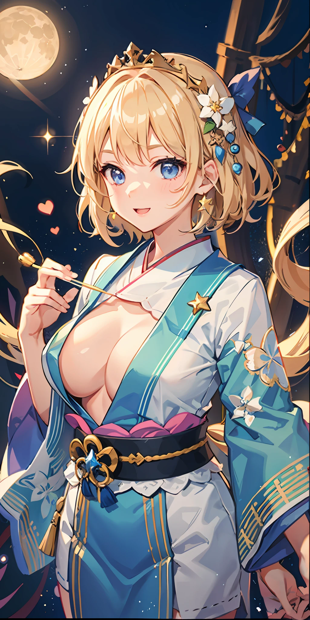 1girl, bright, blonde, light blue eyes, heart motif, star, moon, short hair, uniform bangs, multicolored hair, princess, saleme, side lights, light particles, wallpaper, big, plump, idol, amazing costume, kimono, kimono, yukata, hada, chest, cleavage, sexy, loose, fluffy, smile, gentle, clear, loli,