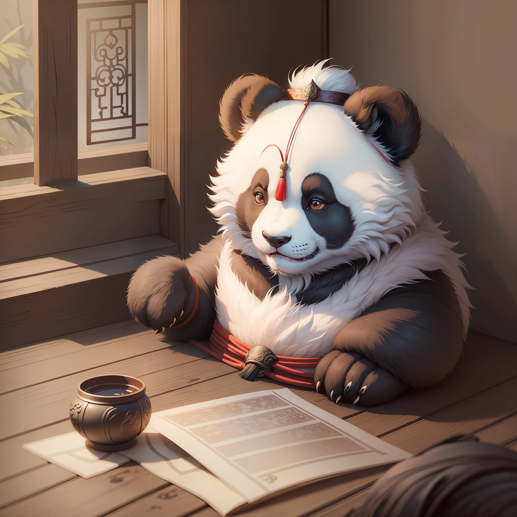 Mysterious oriental color ancient panda warrior, temperament relaxed and happy --auto --s2