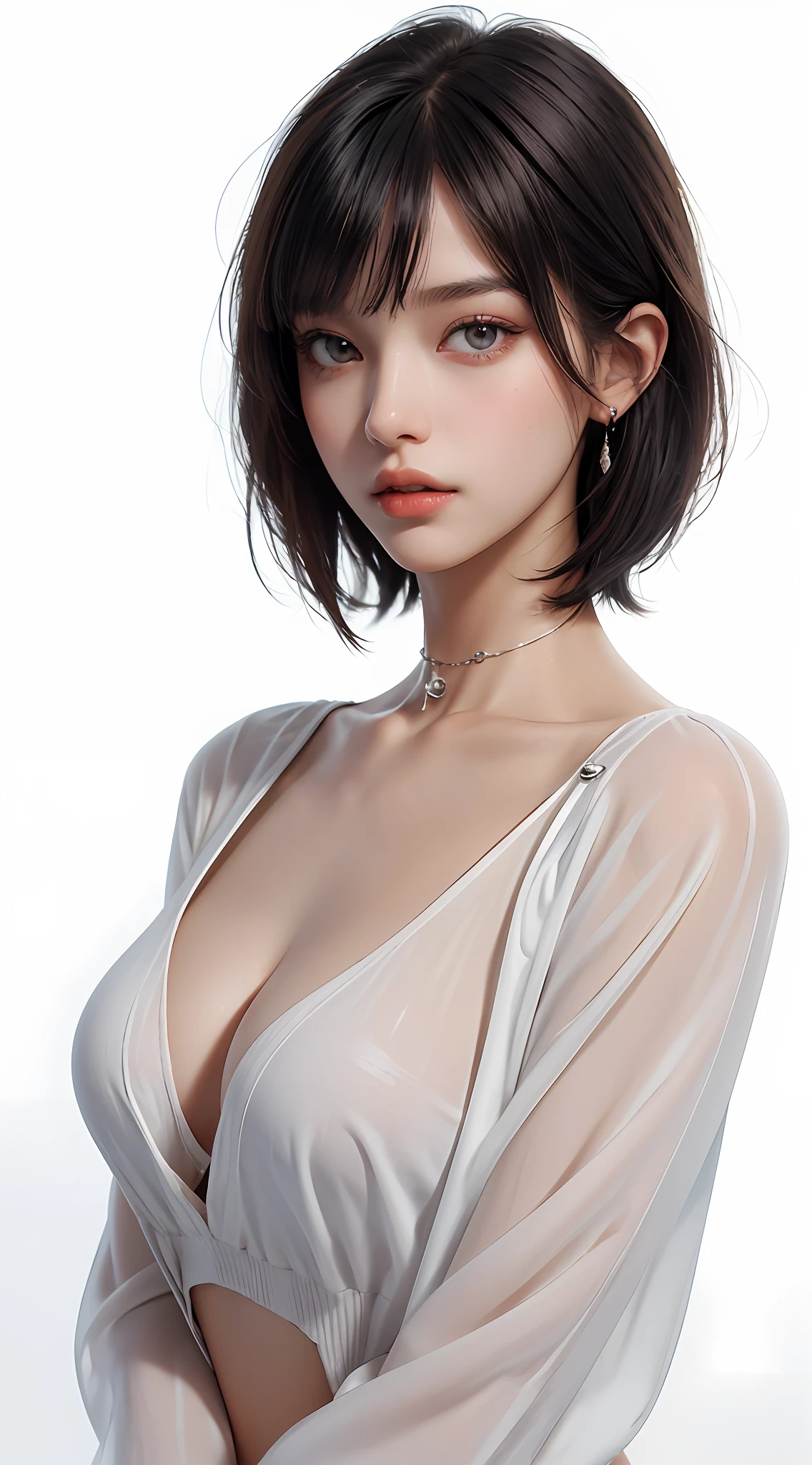 ((Top Quality, 8k, Masterpiece: 1.3)), 1 Girl, Beauty with Slender Abs: 1.3, (Medium Short Hair, Big: 1.2), Cardigan: 1.1, Ultra Detailed Face, Detailed Eyes, Double Eyelids, Best Quality, White Skin, Real Human Skin, (Detailed), Oval Face, Pore, Ultra High Definition, (8k, RAW Photography, Photorealistic: 1.4), 1 Woman, Slim, (who looks with gentle and goddess-like eyes) Happiness: 1.2), (lip gloss, eyelashes, clear double, clear eyes, gloss face, highest quality, ultra-high resolution, wide lighting, natural shading), random outfits, oversized jackets, fashion shirts, white background, light background, large breasts, gloss on chest, gloss on face, gloss on skin, glossy skin, Fresh breeze, straight hair, short bob hair, bangs, long neck, choker