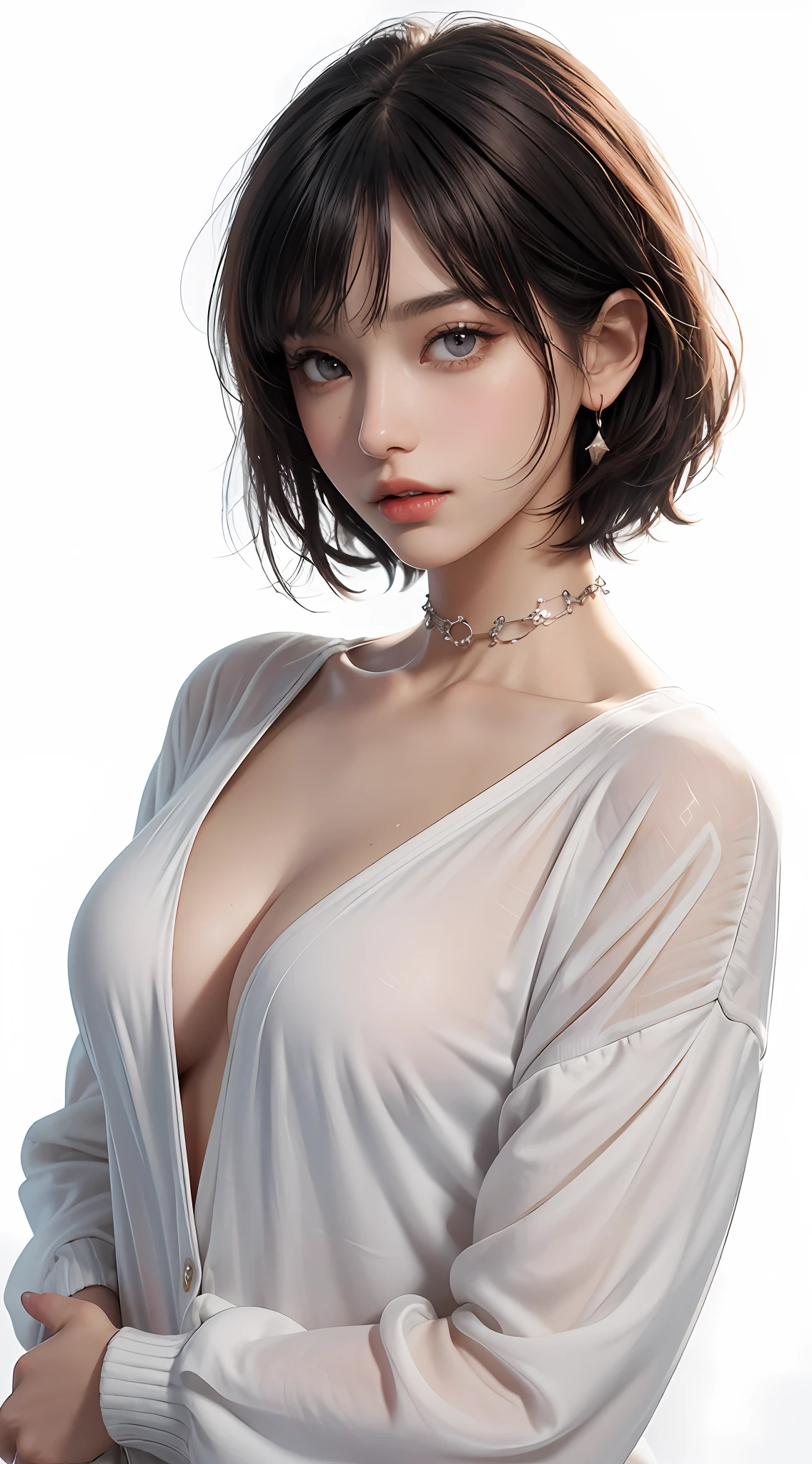 ((Top Quality, 8k, Masterpiece: 1.3)), 1 Girl, Beauty with Slender Abs: 1.3, (Medium Short Hair, Big: 1.2), Cardigan: 1.1, Ultra Detailed Face, Detailed Eyes, Double Eyelids, Best Quality, White Skin, Real Human Skin, (Detailed), Oval Face, Pore, Ultra High Definition, (8k, RAW Photography, Photorealistic: 1.4), 1 Woman, Slim, (who looks with gentle and goddess-like eyes) Happiness: 1.2), (lip gloss, eyelashes, clear double, clear eyes, gloss face, highest quality, ultra-high resolution, wide lighting, natural shading), random outfits, oversized jackets, fashion shirts, white background, light background, large breasts, gloss on chest, gloss on face, gloss on skin, glossy skin, Fresh breeze, straight hair, short bob hair, bangs, long neck, choker
