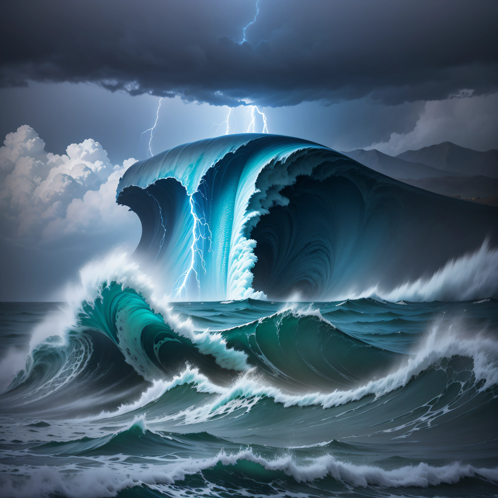 sea, tsunami, huge waves, mountains, flash floods, sky is raining, heavy rain, lightning, lightning, cinematic lighting, 8k, super detail, ccurate, best quality --auto --s2