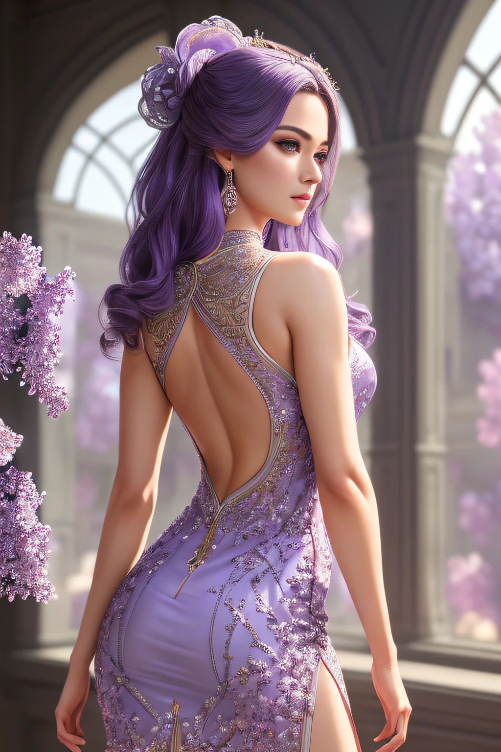 ((Masterpiece)), ((Best Quality)), (Very Detailed), (Very Detailed)), 4K, (8K), (Beautiful), Perfect Anatomy, Photo from Behind, Trained Ass, Supermodel Portrait Photography, Solo, (Lilac Intricate Workmanship Dress:1.3), Meticulously Rendered Face, Beautiful Eyes, Feminine Physique, Goddess of Beauty, Unreal Engine, octane rendering, movie lighting,