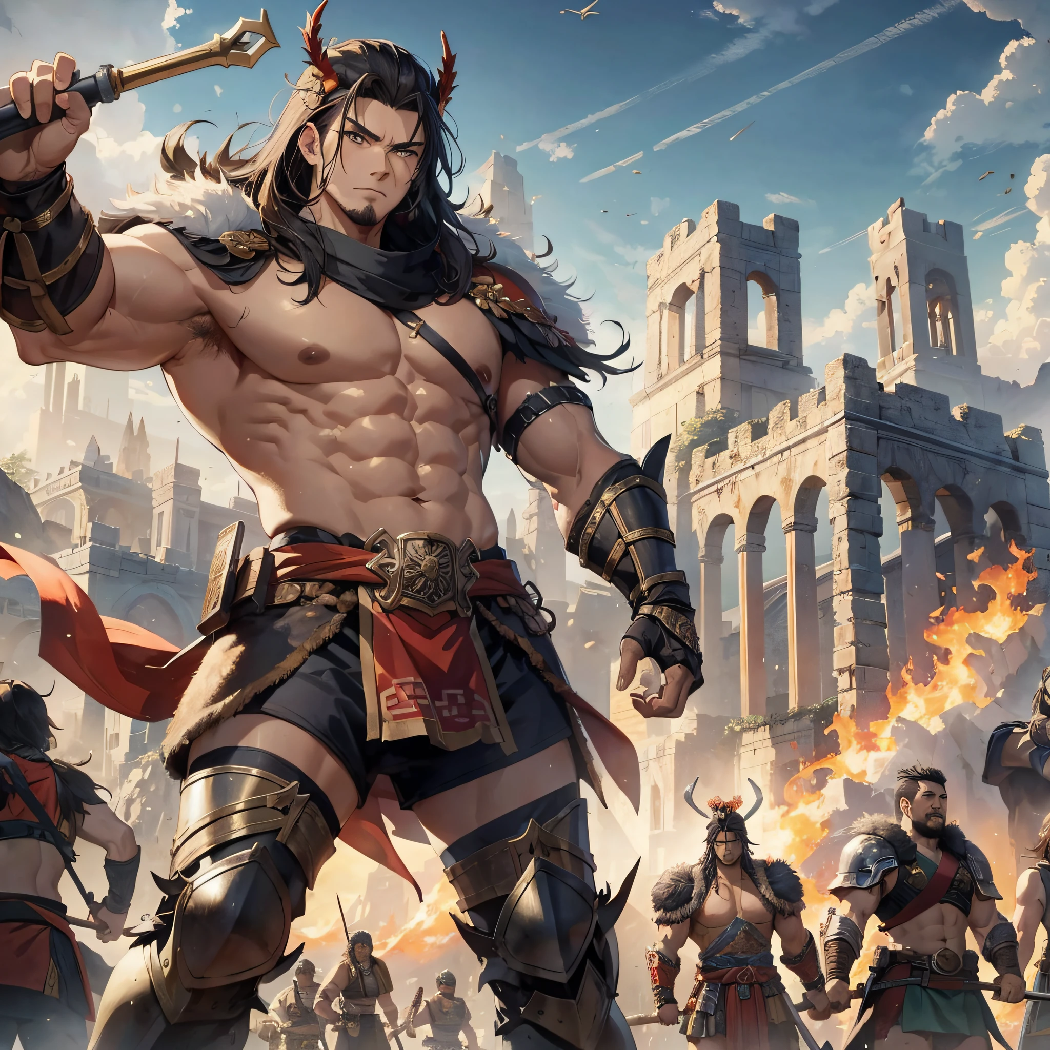 High resolution, (masterpiece: 1.4), hyper-detailed, ancient Chinese, upper body shirtless general, barbarian soldiers behind, siege, desert, dusk, fire