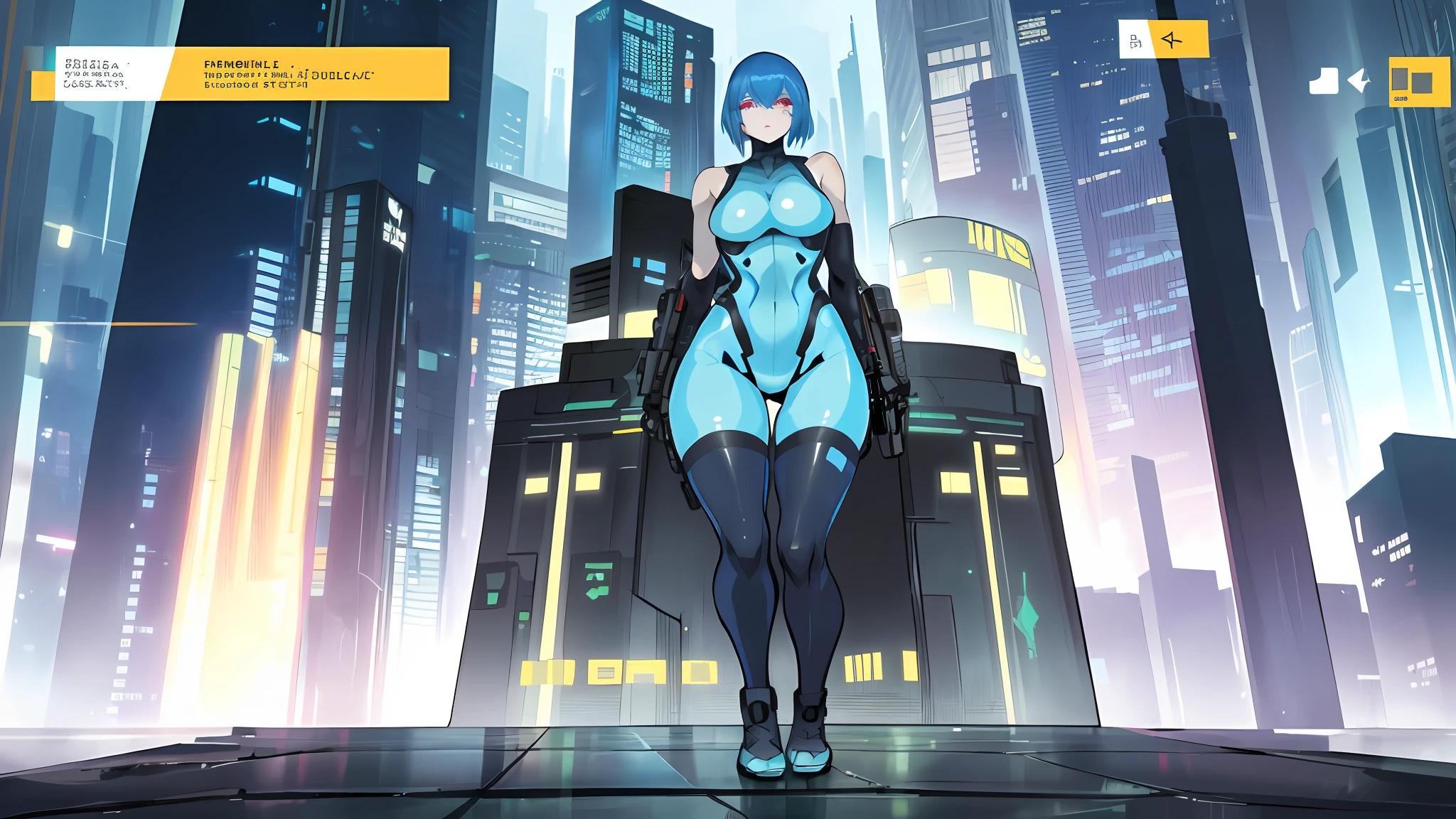 1girl, wide hips, standing, bulletproof vest, cyberpunk, dystopia, ghost in the shell, blue camo, blue body armor, full body shot, whole body, solo, cleavage, cleavage cutout, bike shorts, exposed legs, bare legs, exposed thighs, bare thighs, exposed knees, exposed calves, nsfw, nude, naked, sexy, tight clothes, skintight, exposed shoulders, exposed stomach, exposed hips, city skyscraper, street, tower, apartment, glowing eyes