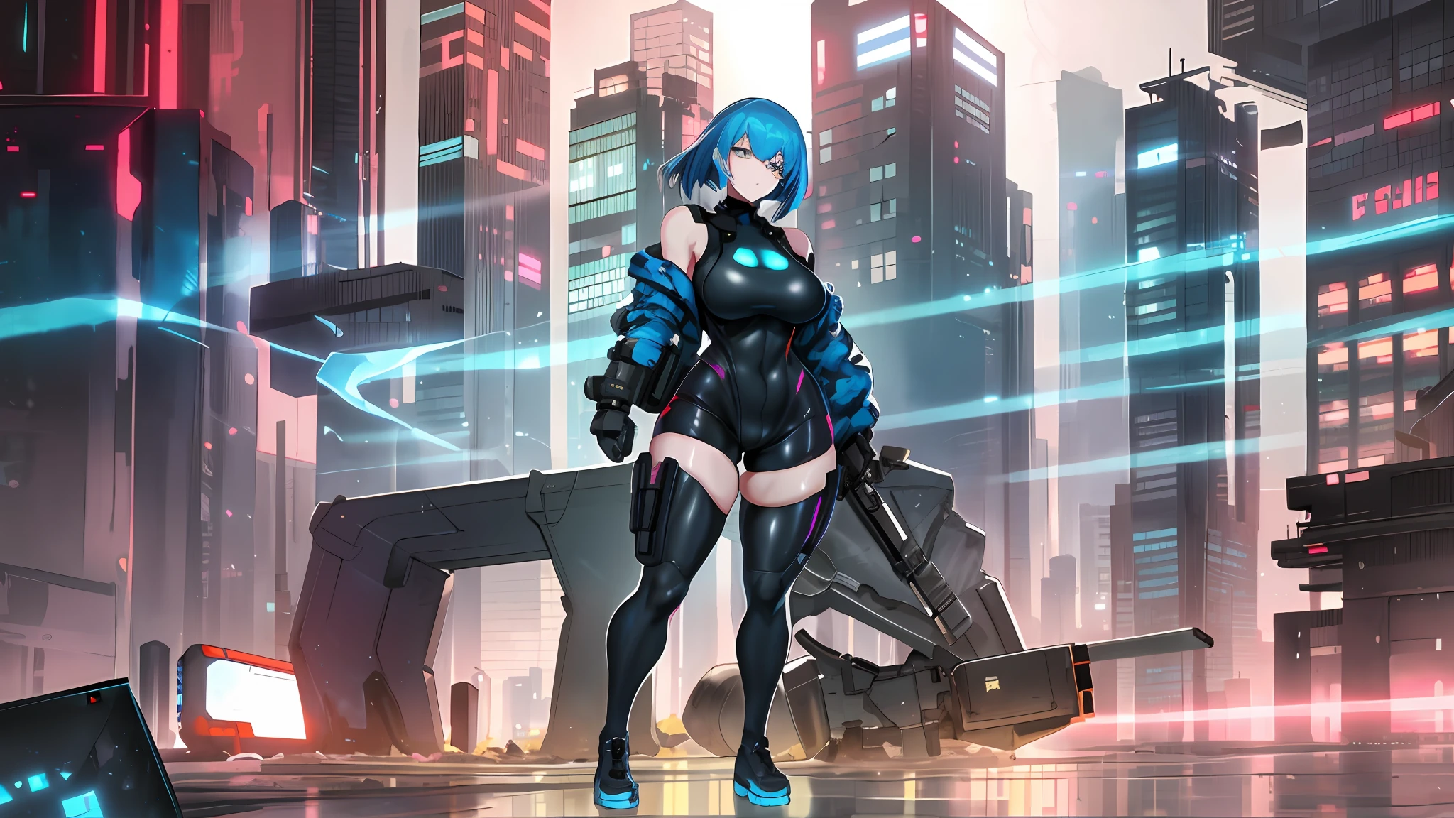 1girl, wide hips, standing, bulletproof vest, cyberpunk, dystopia, ghost in the shell, blue camo, blue body armor, full body shot, whole body, solo, cleavage, cleavage cutout, bike shorts, exposed legs, bare legs, exposed thighs, bare thighs, exposed knees, exposed calves, nsfw, nude, naked, sexy, tight clothes, skintight, exposed shoulders, exposed stomach, exposed hips, city skyscraper, street, tower, apartment, glowing eyes