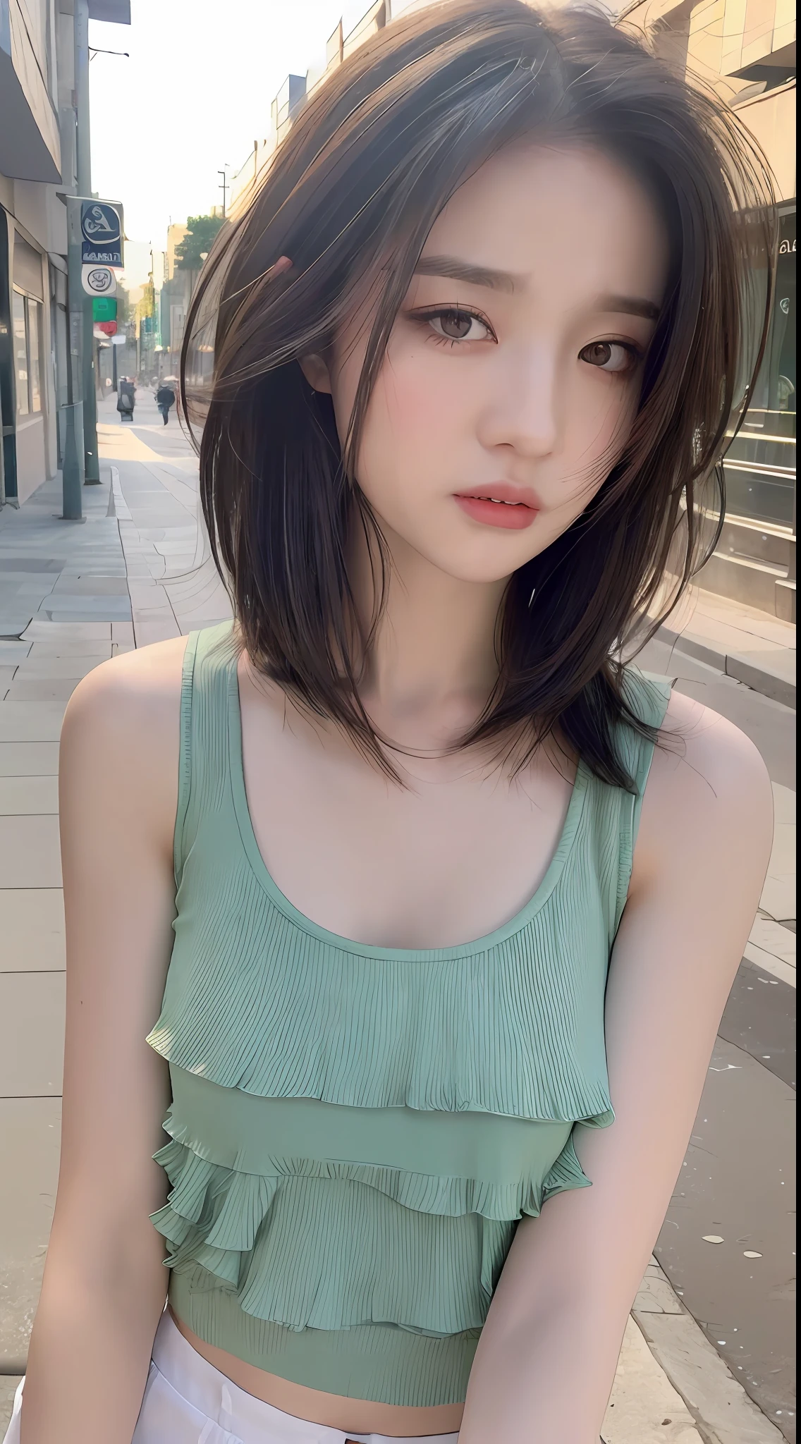 ((Best quality, 8k, Masterpiece :1.3)), Sharp focus :1.2, Perfect Body Beauty:1.4, Slim Abs:1.2, ((Layered hairstyle, Naughty expression:1.2)), (Tank top shirt:1.1 ), (Street:1.2), Highly detailed face and skin texture, Detailed eyes, Double eyelids, T-shirts,