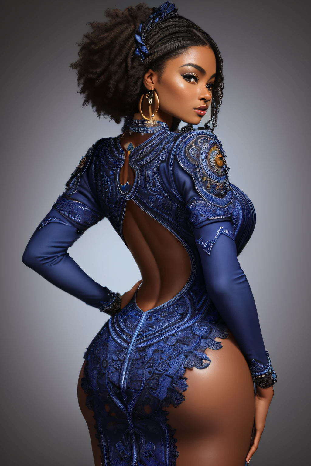 ((Masterpiece)), ((Best Quality)), (Very Detailed), (Very Detailed)), 4K, (8K), Best Quality, (Beautiful), Perfect Anatomy, Photo from Behind, Tempered , Portrait Photo of African American Supermodel, Solo, (Dress of Intricate Workmanship in Indigo Color:1.3), Meticulously rendered face, Beautiful eyes, Feminine physique, Goddess of Beauty, Unreal Engine, Octane Rendering, Movie Lighting,