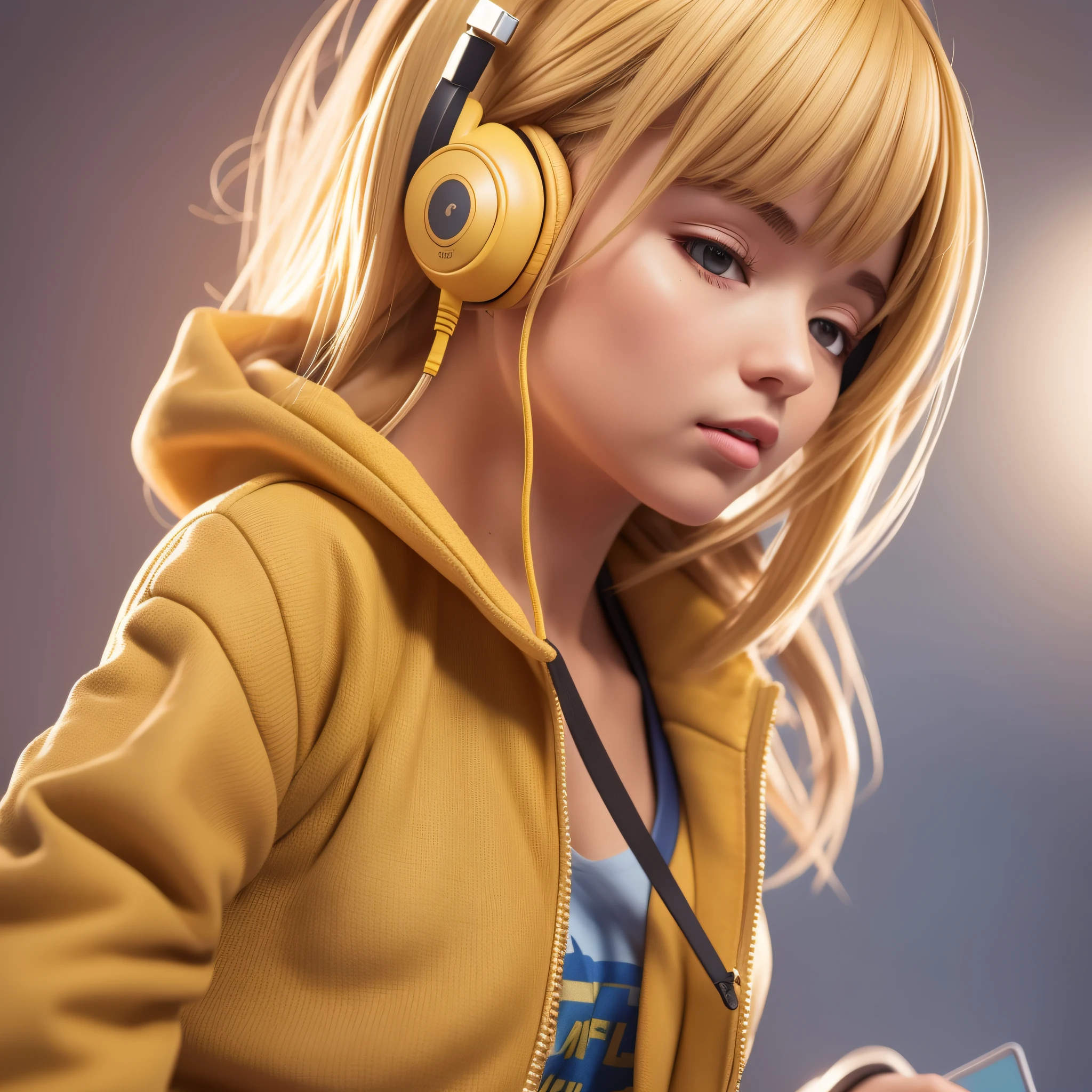 Girl in yellow jacket listening to music with her golden headphones artstation, watercolor digital art, award-winning, intricate, sharp, detailed, quality realism, 4k, hd, unreal engine 5, daz, a 12x (very) very colorful, cartoon