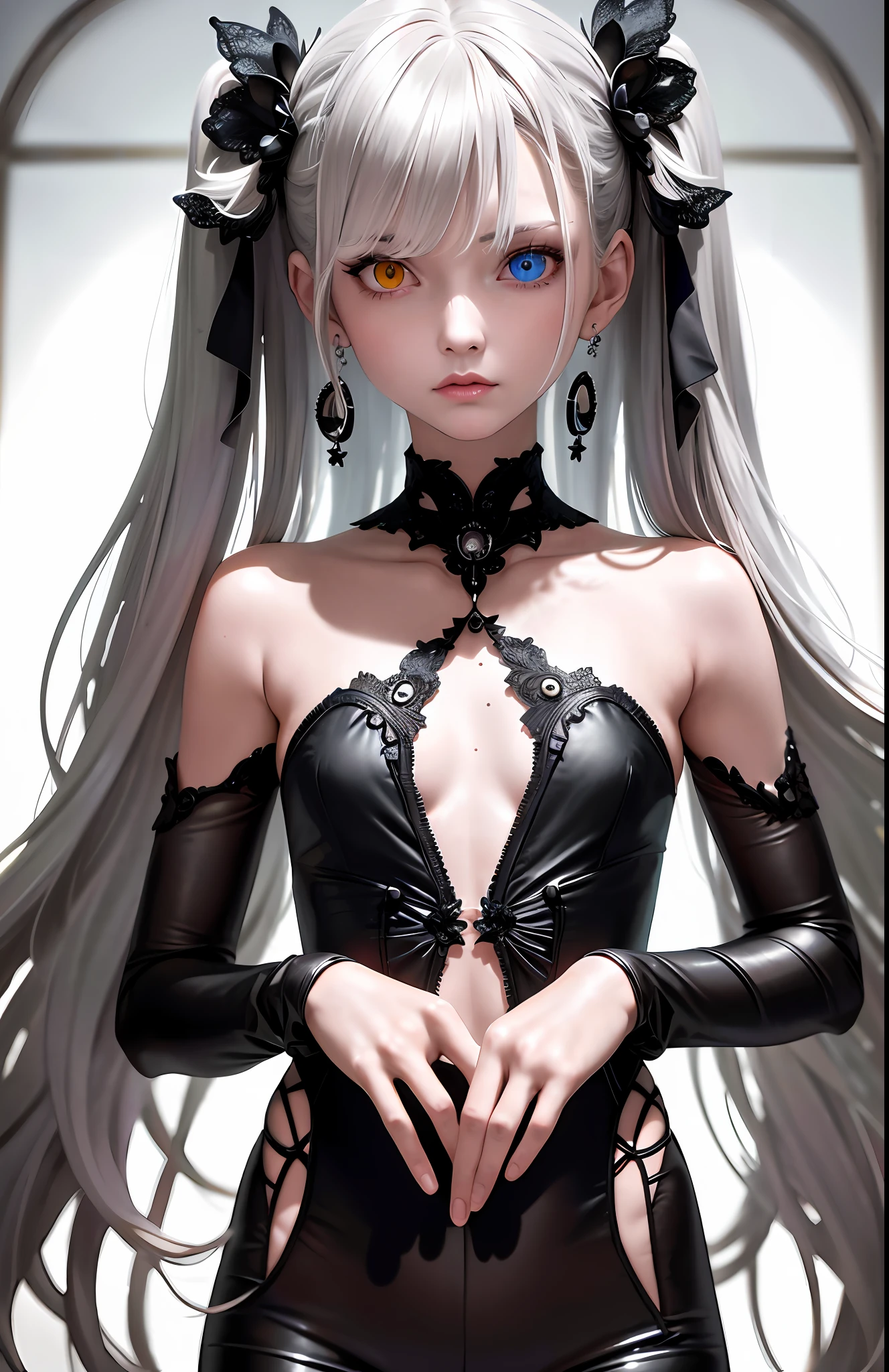 Best, Masterpiece, High Resolution, Best Quality, Ultra HD, Super Detail, Award-Awarded, 16k, (Upper Body), Anatomically Correct, Beautiful Maiden, Gray Hair, Hair Strands, ((Heterochromia)), Hanging Eye Corners, Fair Skin, (Small), (Slim Body), ((Jumpsuit)), Stud Earrings, (Neck Rings),