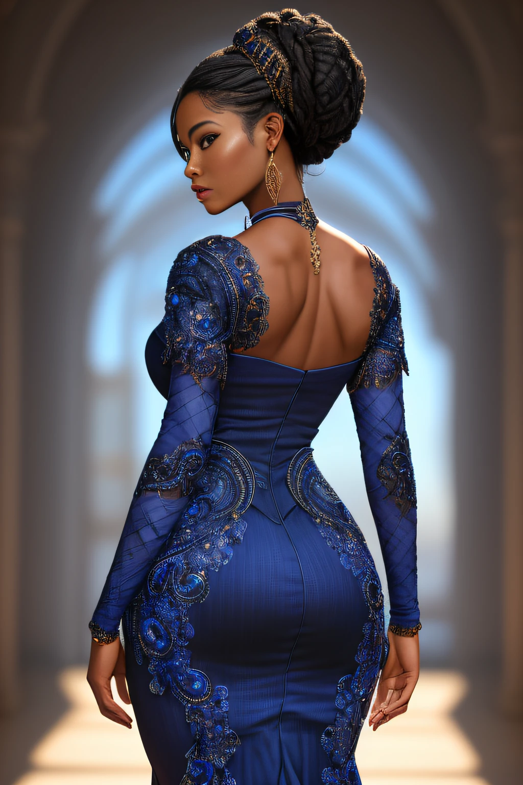 ((Masterpiece)), ((Best Quality)), (Very Detailed), (Very Detailed)), 4K, (8K), Best Quality, (Beautiful), Perfect Anatomy, Photo from Behind, Tempered Ass, Portrait Photo of African American Supermodel, Solo, (Dress of Intricate Workmanship in Indigo Color:1.3), Meticulously rendered face, Beautiful eyes, Feminine physique, Goddess of Beauty, Unreal Engine, Octane Rendering, Movie Lighting,